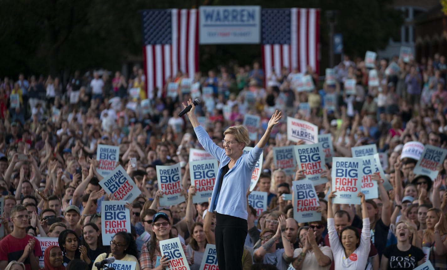 Sen. Elizabeth Warren fired up a crowd at Macalester College on Monday evening.