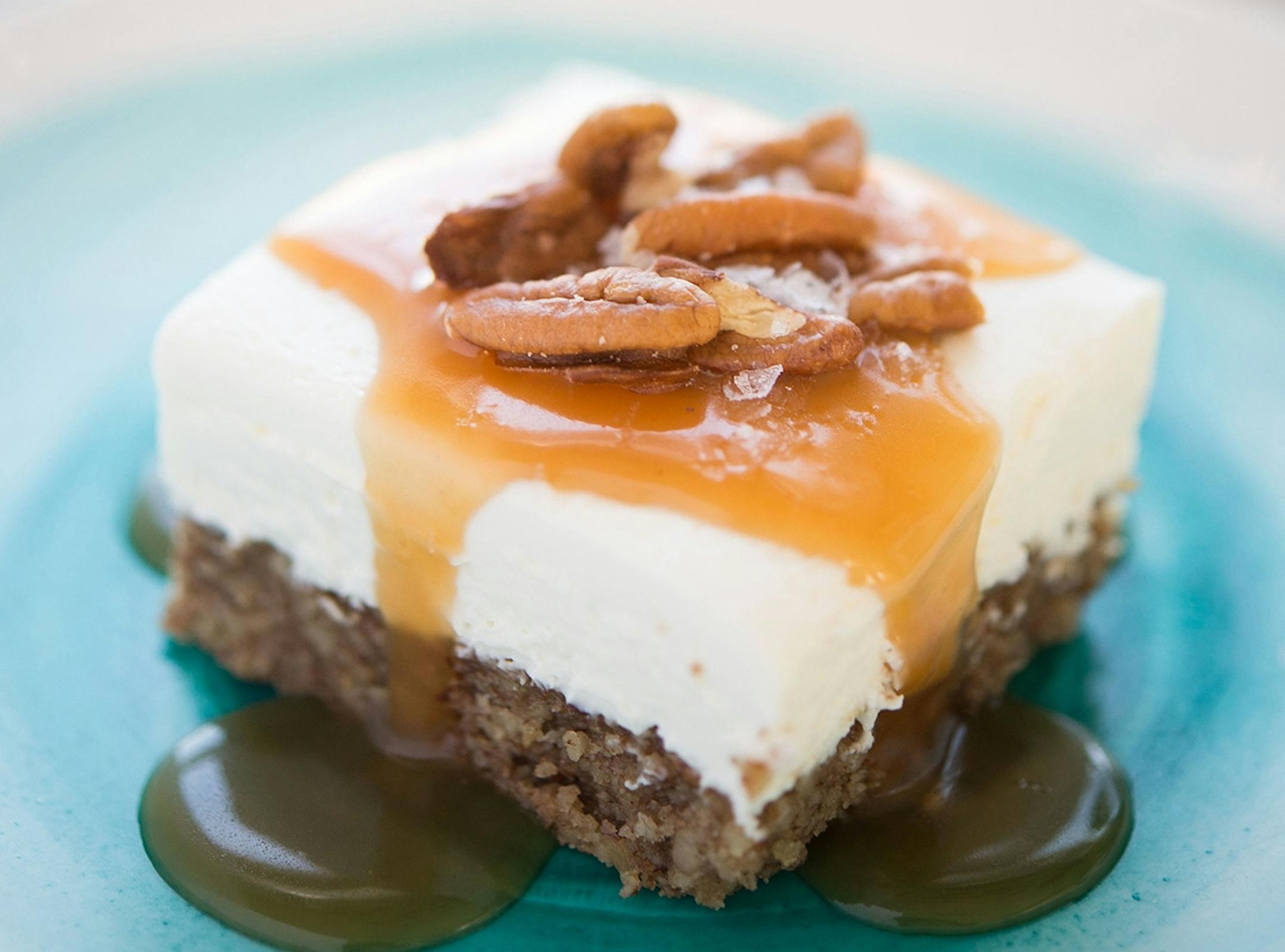 Labneh Cheesecake Bars with Salted Honey Sauce: A no-bake filling means youíll enjoy this delicious dessert that much faster.