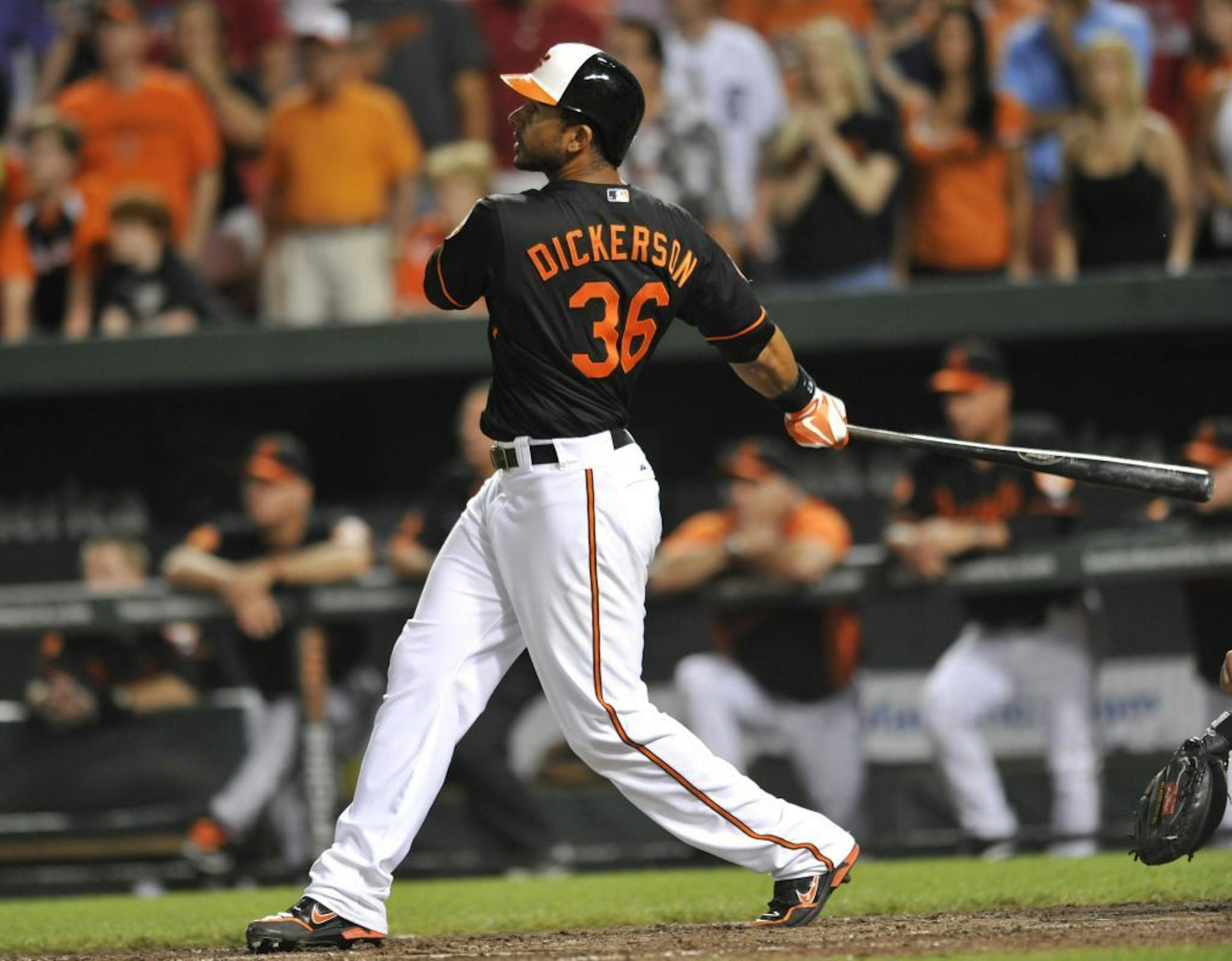 Baltimore's Chris Dickerson follows through on a three-run walkoff home run to defeat the Detroit Tigers
