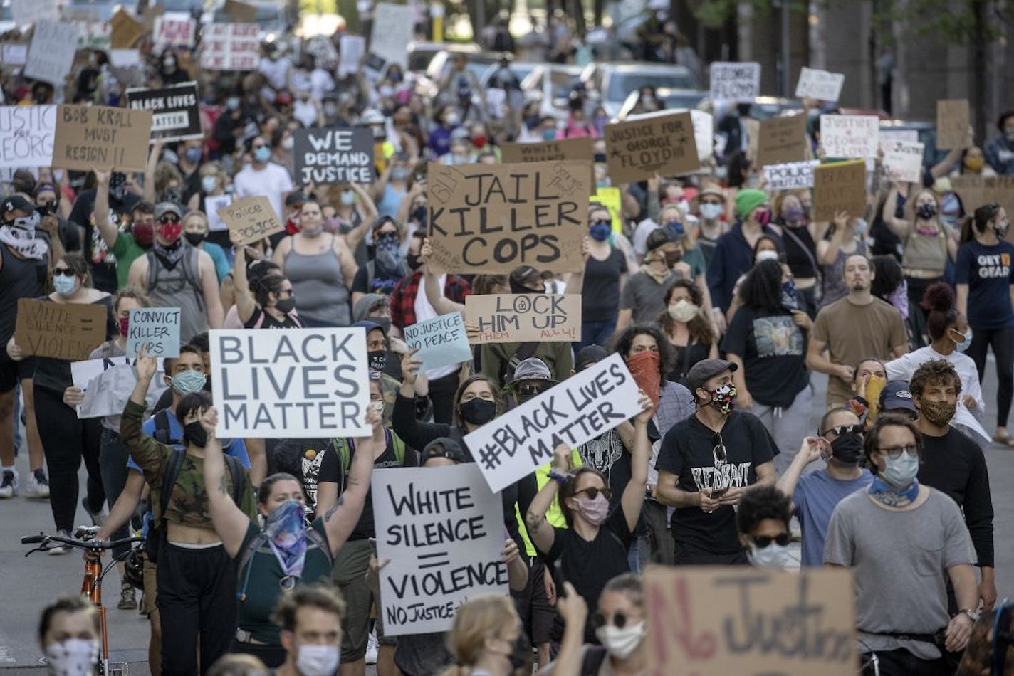 Hundreds of protestors marched in downtown to support CAIR-Minnesota to call for the arrest of the police who killed George Floyd, Thursday, May 28, 2020 in Minneapolis, MN.