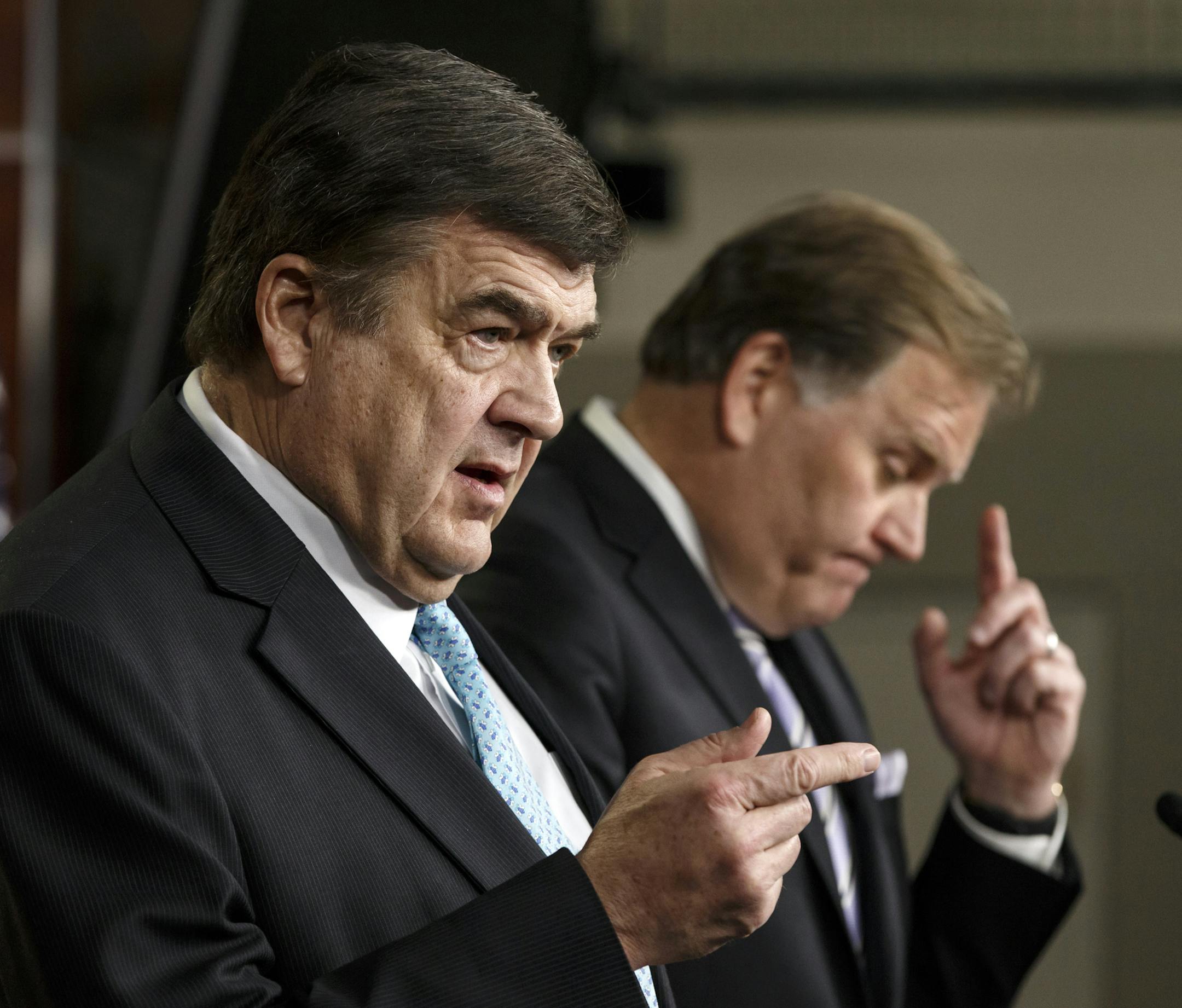 Rep. C.A. Dutch Ruppersberger, D-Md., ranking member of the House Intelligence Committee, left, accompanied by committee Chairman Rep. Mike Rogers, R-Mich., speak to reporters about proposed changes to the National Security Agency’s program of sweeping up and storing vast amounts of data on Americans' phone calls, Tuesday, March 25, 2014, during a news conference on Capitol in Washington. Details of the government's secret phone records collection program were disclosed last year by forme