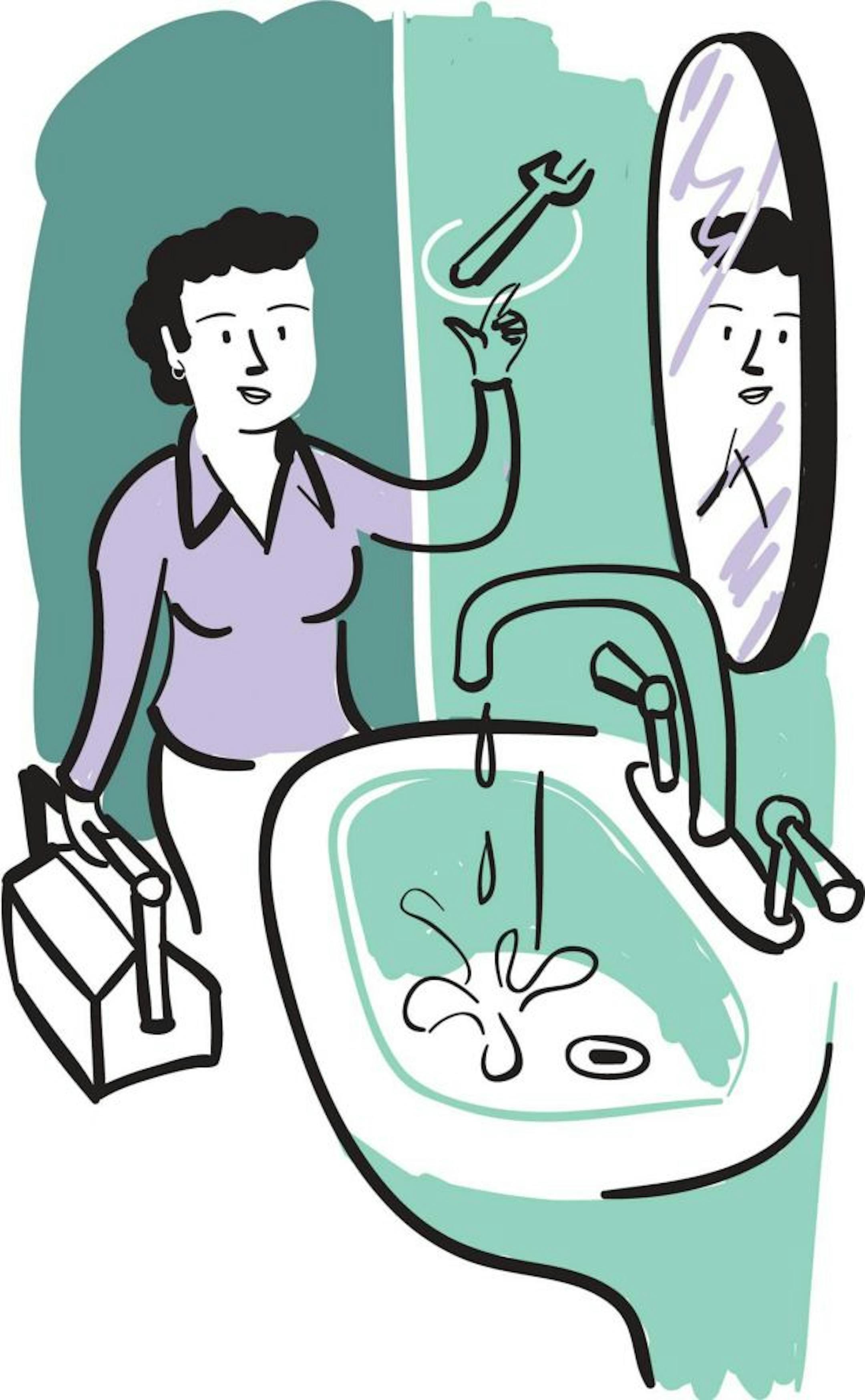 300 dpi Gabi Campanario color illustration of woman carrying toolbox and twirling a wrench as she addresses a leaky bathroom faucet. The Seattle Times 2008<p> handy woman illustration leaky bathroom faucet plumber plumbing water house home repair diy savings drip leak 10000000, krtfeatures features, krtlifestyle lifestyle, krtnational national, krtworld world, leisure, LIF, 06010000, ENV, environmental issue, krtenvironment environment, water, 10009000, FEA, krthome home house housing, LEI, krtd