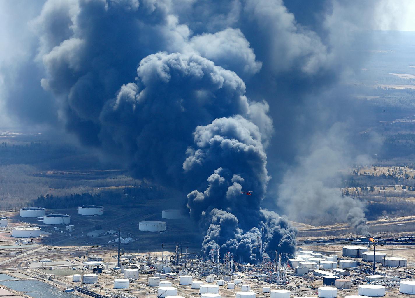 042718.N.DNT.REFINERYFIREc10 -- The Husky Energy refinery burns as seen in this aerial photo Thursday afternoon. Bob King / rking@duluthnews.com