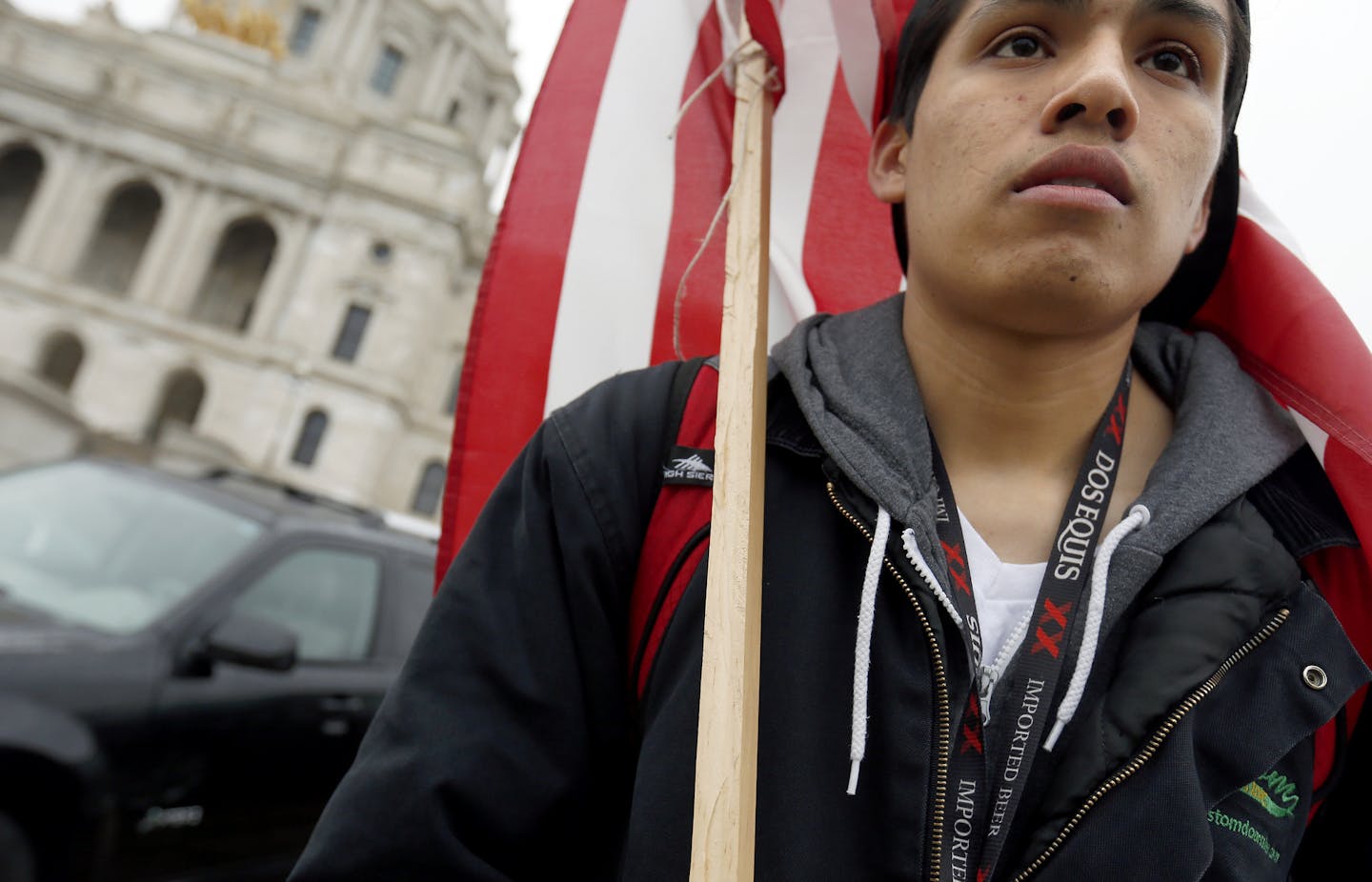 Nestor Gomez, 19, of Brooklyn Park stood at the State Capitol during the May Day March and Rally for immigration reform on Wednesday. ] CARLOS GNZALEZ cgonzalez@startribune.com May 1, 2013, St. Paul, Minn., May Day March and Rally for immigration reform ally on the lawn of the Minnesota State Capitol,