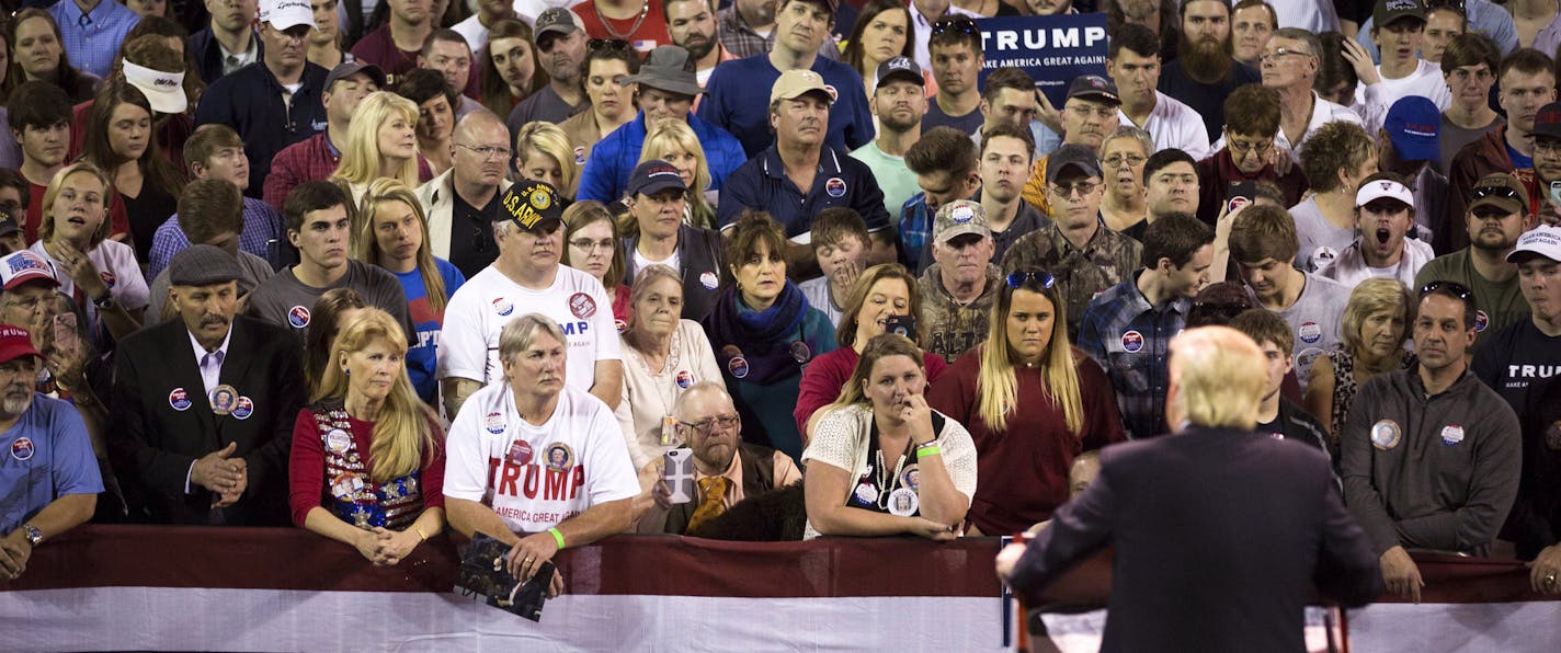 Donald Trump addresses a campaign rally in Valdosta, Ga., Feb. 29, 2016. Trump finished third in Minnesota's GOP caucuses earlier this month, one of his worst finishes so far. But interviews with Trump supporters spanning the Twin Cities reveal a complex picture of his supporters here.