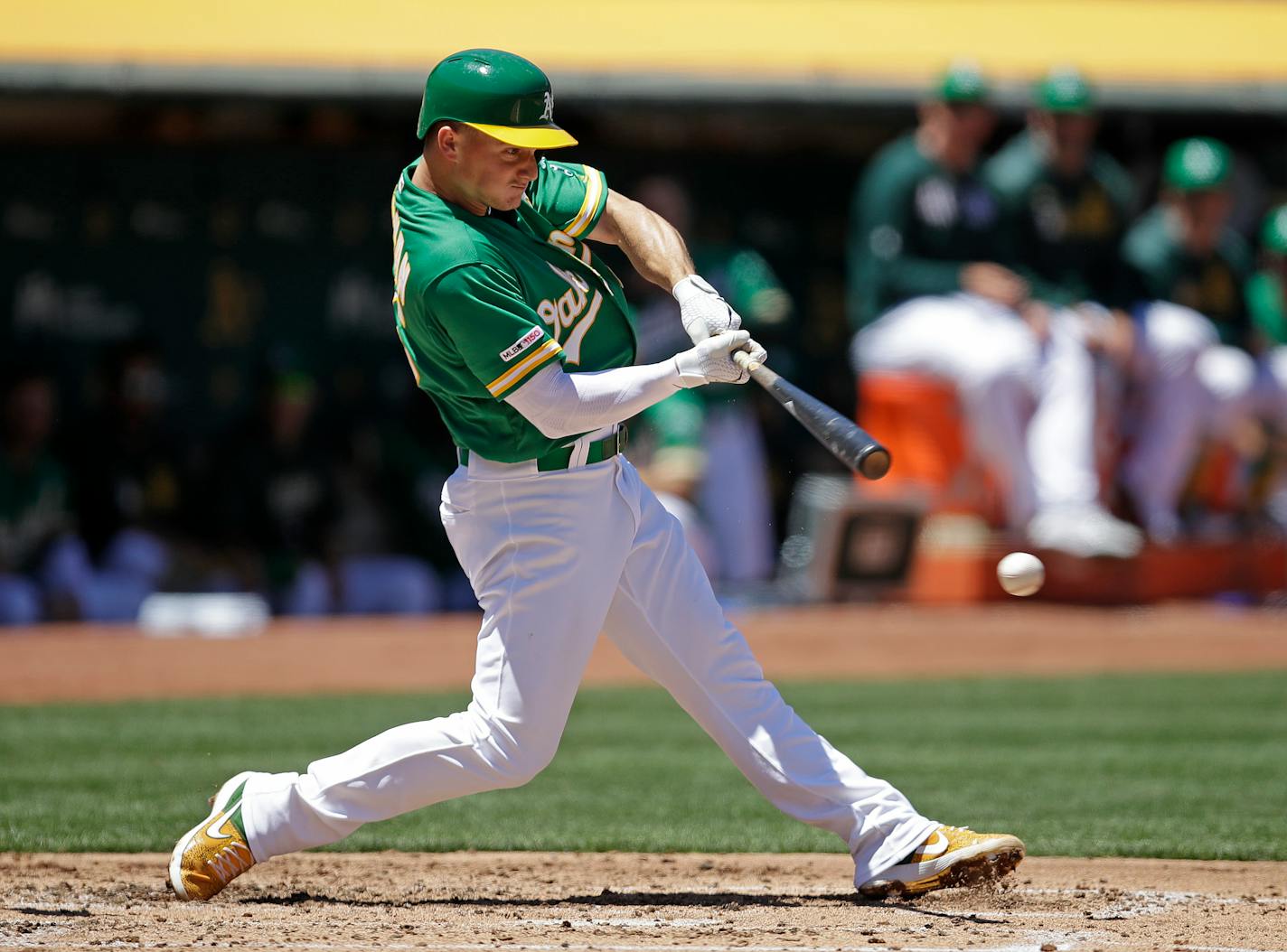 Oakland Athletics' Matt Chapman connects for an RBI groundout off Chicago White Sox Reynaldo Lopez in the third inning of a baseball game Sunday, July 14, 2019, in Oakland, Calif. (AP Photo/Ben Margot)