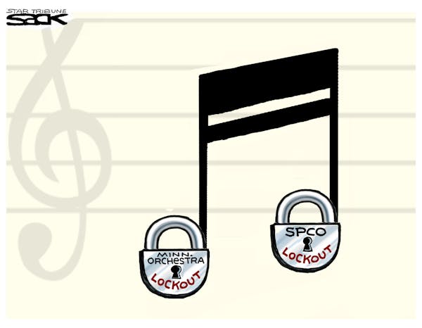 Steve Sack editorial cartoon for Oct. 25, 2012. Topic: Lockouts of the St. Paul Chamber Orchestra and Minnesota Orchestra.