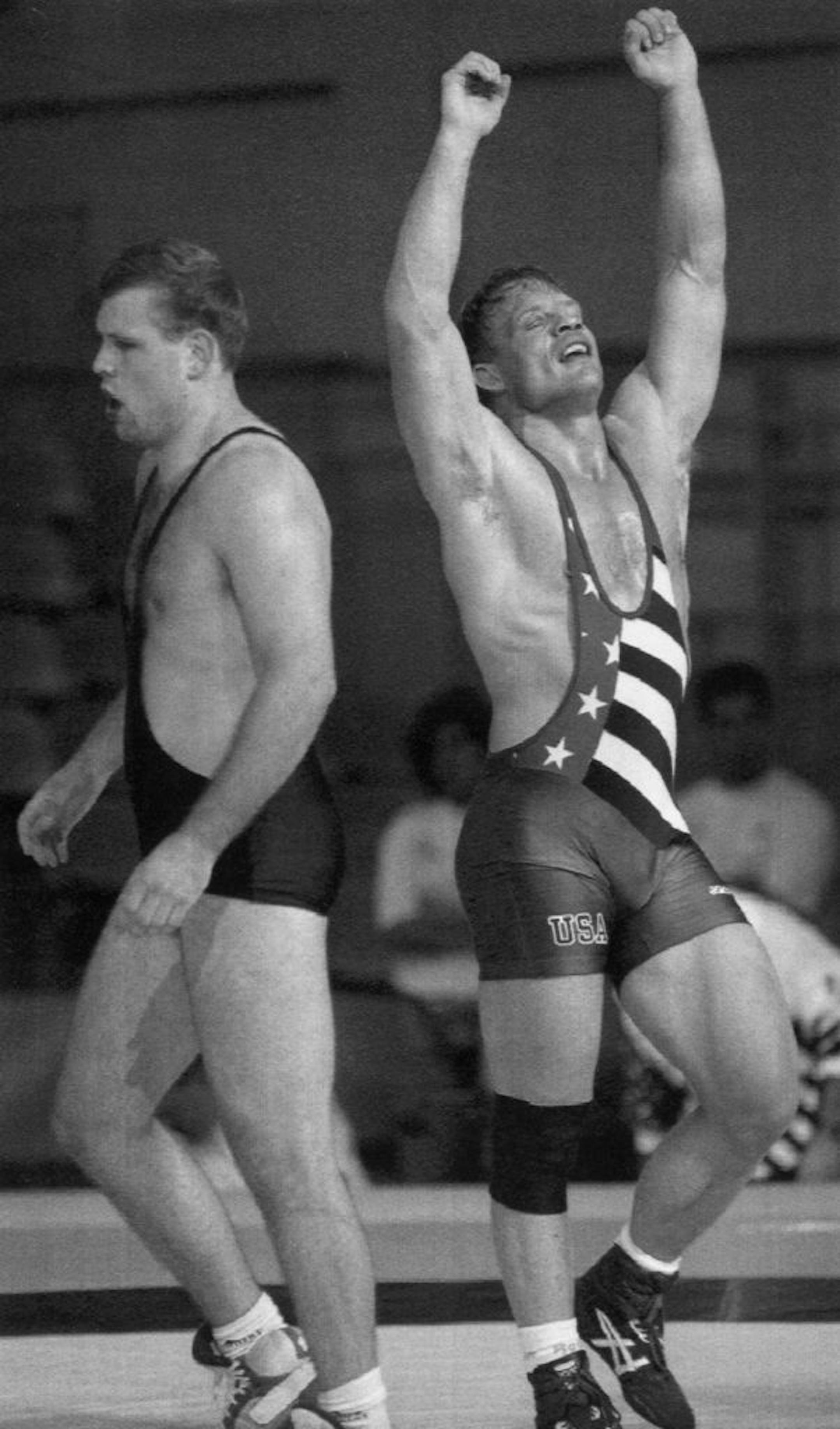 Dennis Koslowski, right, reacted after defeating Helger Hallik of Estonia 1-0 for a spot in the Greco-Roman 220-pound final at the 1992 Summer Olympics in Barcelona, Spain. Koslowski, of Minnetonka, went on to win the silver medal. File photo.