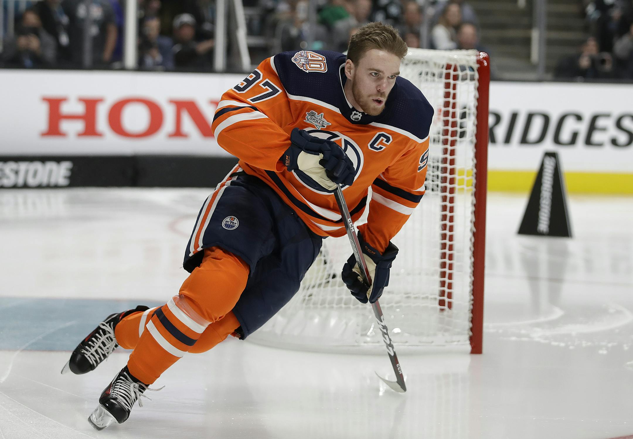 Edmonton Oilers' Connor McDavid skates during the skills competition, part of the NHL hockey All Star weekend, in San Jose, Calif., Friday, Jan. 25, 2019. The game is scheduled for Saturday afternoon. (AP Photo/Ben Margot)