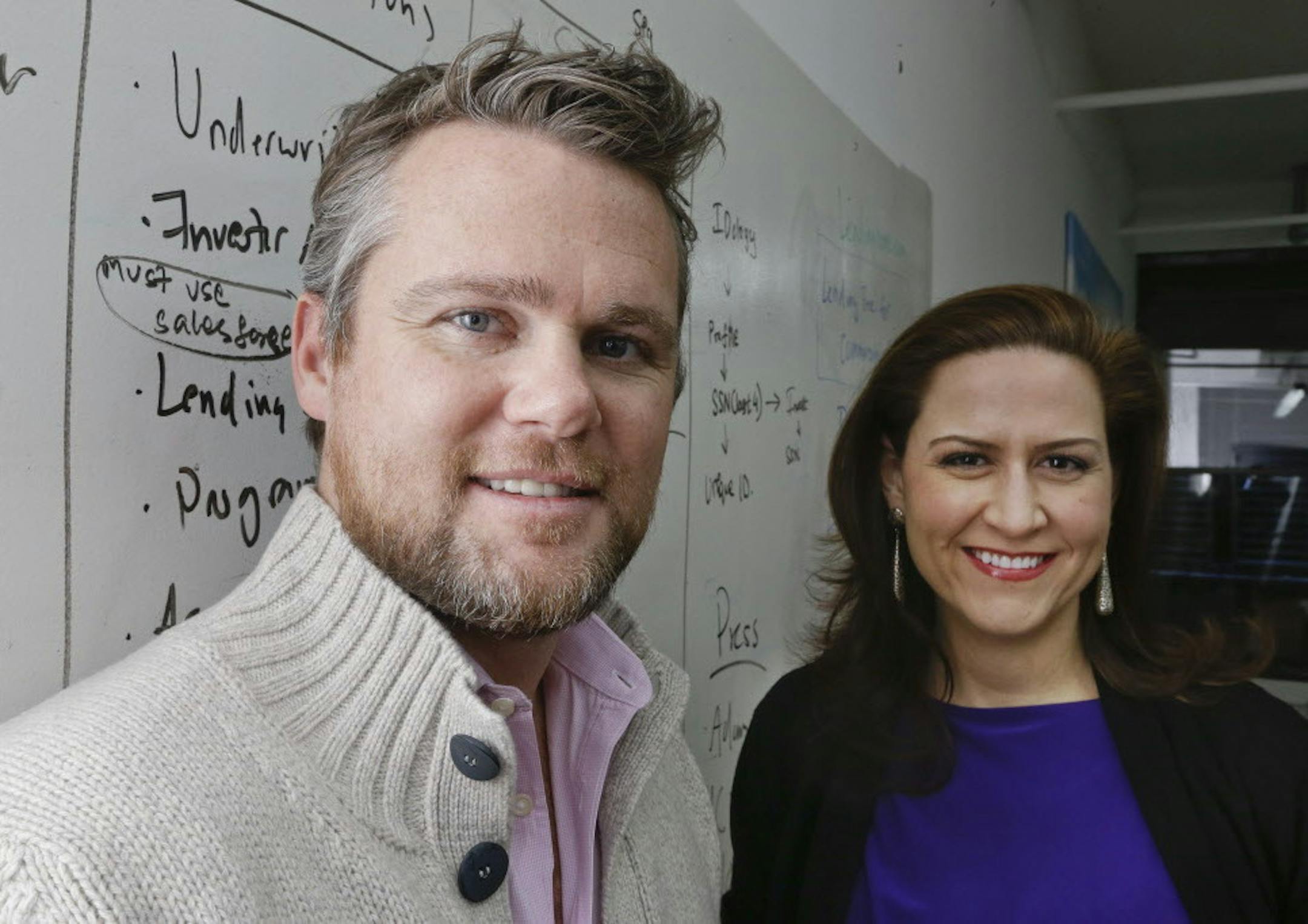 In this Wednesday, Jan. 28, 2015 photo, iFunding CEO William Skelley, left, and investor Alicia Syrett, CEO of Pantegrion Capital, pose for a photograph in New York. Syrett, who focuses on young companies, says stocks factored into her decision to buy a stake in iFunding. (AP Photo/Frank Franklin II)