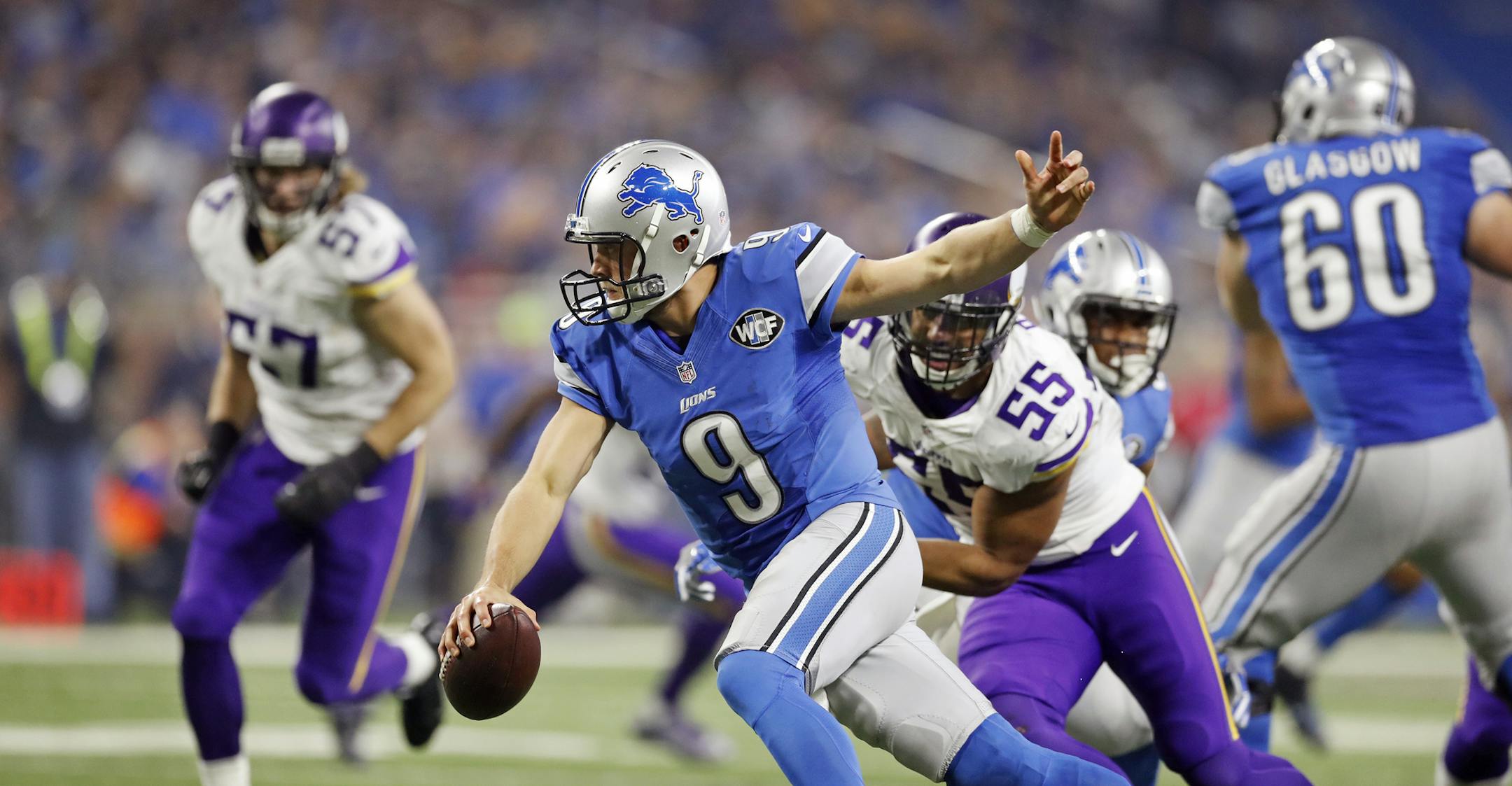 Detroit Lions quarterback Matthew Stafford (9) was pressured by Minnesota Vikings outside linebacker Anthony Barr (55) in the forth quarter at Ford Field Sunday November 24 ,2016 in Detroit MI. ] The Minnesota Vikings lost 16-13 to the Detroit Lions at Ford Field on Thanksgiving .Jerry Holt / jerry. Holt@Startribune.com