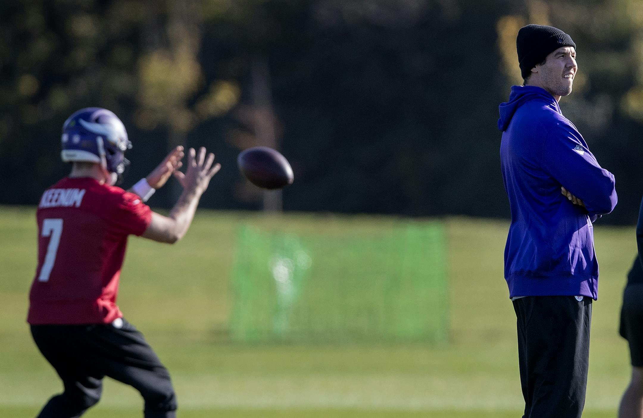 Minnesota Vikings quarterbacks Case Keenum (7) and Sam Bradford during a practice at the London Irish Training Ground in perpetration for a game vs. the Cleveland Browns.