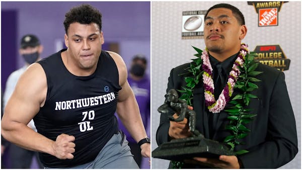 The best thing that could happen to the Vikings in Thursday night’s NFL draft would be either Northwestern tackle Rashawn Slater (left) or Oregon ta