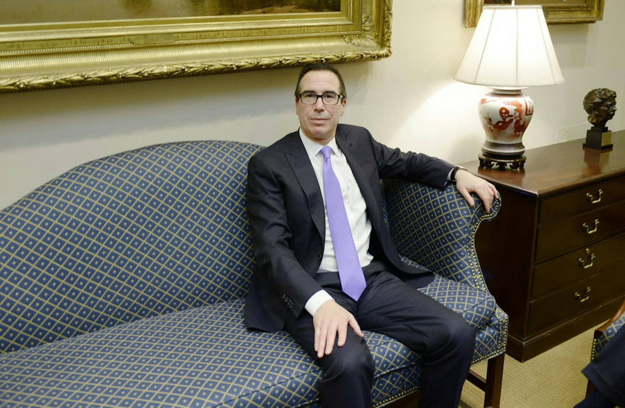 Treasury Secretary Steve Mnuchin looks on before discussing the federal budget in the Roosevelt Room of the White House on Feb. 22, 2017 in Washington, D.C. (Olivier Douliery/Abaca Press/TNS) ORG XMIT: 1197959