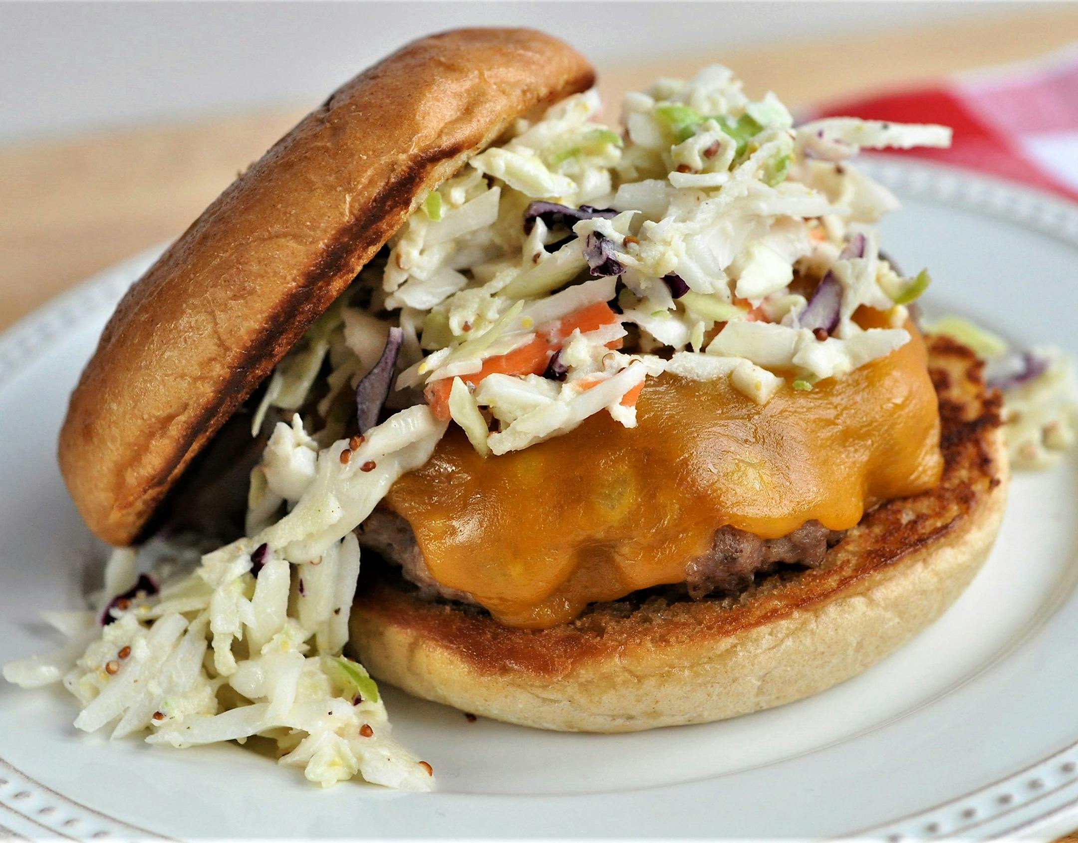 Cheddar Pork Burger with Apple Slaw