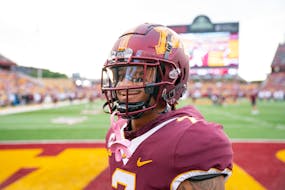 Gophers wide receiver Chris Autman-Bell (7) smiled as he looked at the Huntington Bank Stadium student section before the season opener against Nebras