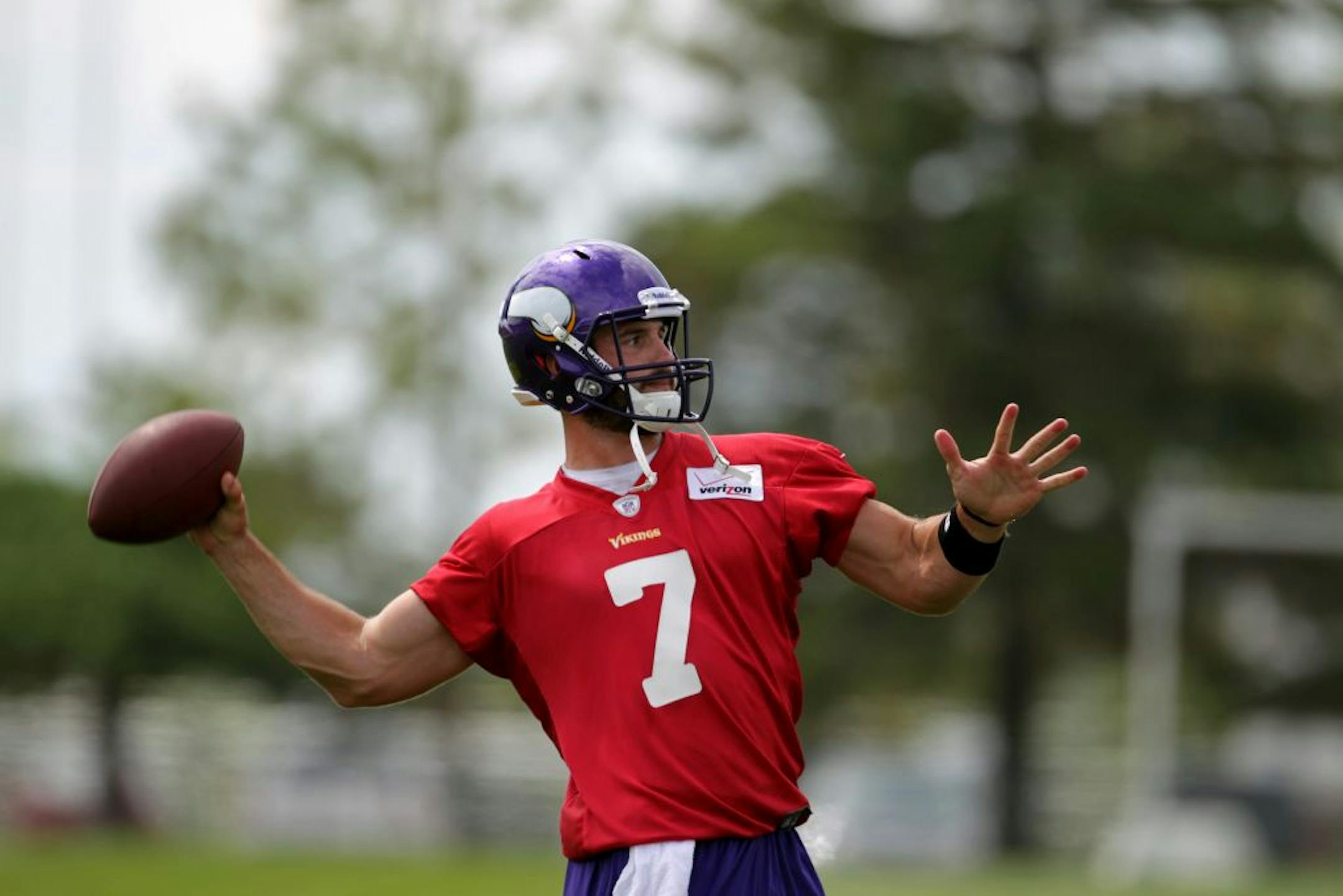 Christian Ponder threw a pass during first day of practice at Minnesota State University, Mankato Friday July 27, 2012 Mankato ,MN .