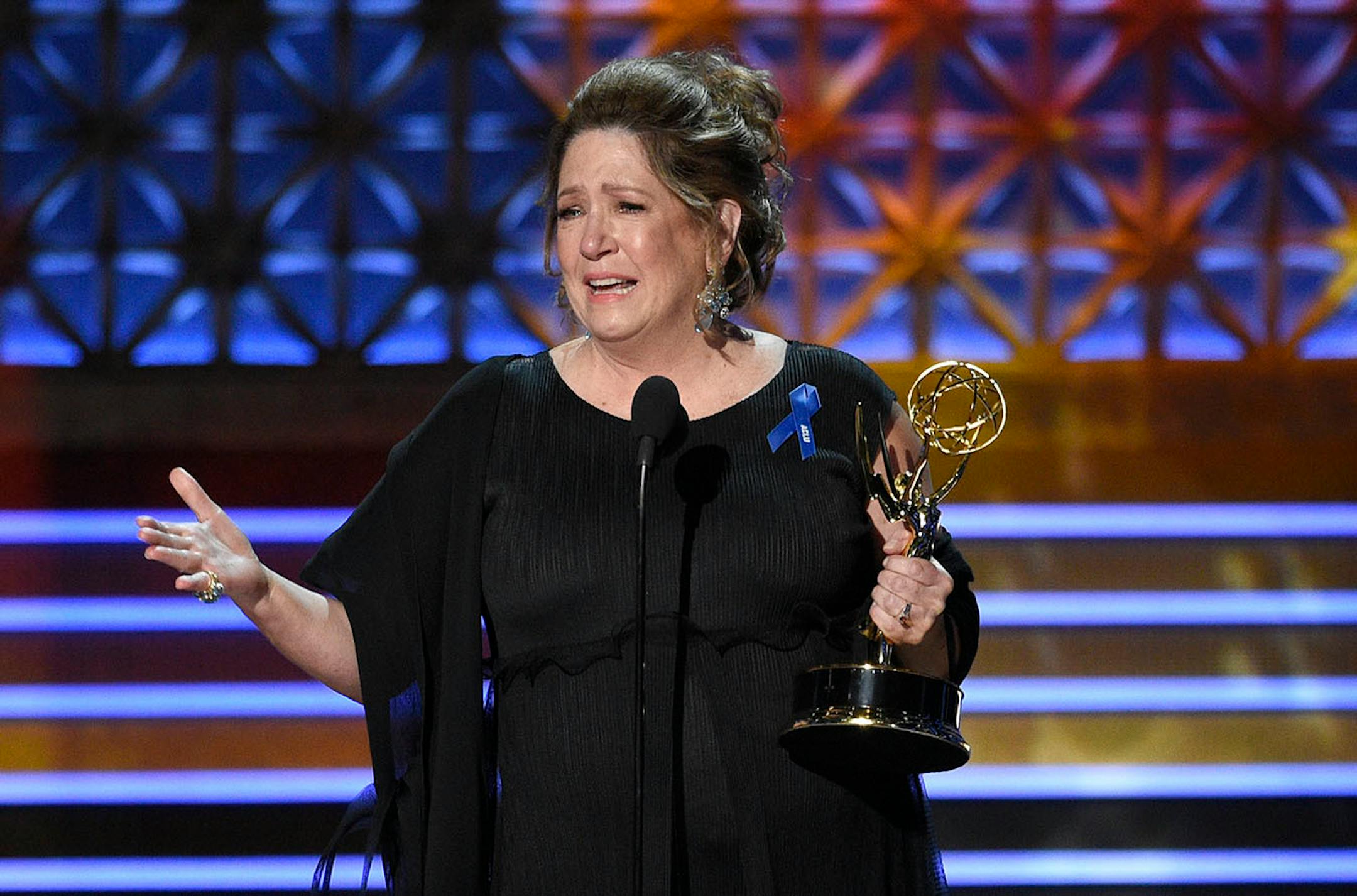 Ann Dowd accepts the award for outstanding supporting actress in a drama series for "The Handmaid's Tale" at the 69th Primetime Emmy Awards on Sunday, Sept. 17, 2017, at the Microsoft Theater in Los Angeles.