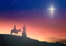 Silhouette pregnant Mary and Joseph with a donkey on star of cross background