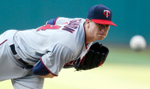 Minnesota Twins starting pitcher Kyle Gibson delivers against the Cleveland Indians during the first inning of a baseball game Tuesday, Aug. 2, 2016, in Cleveland. (AP Photo/Ron Schwane)