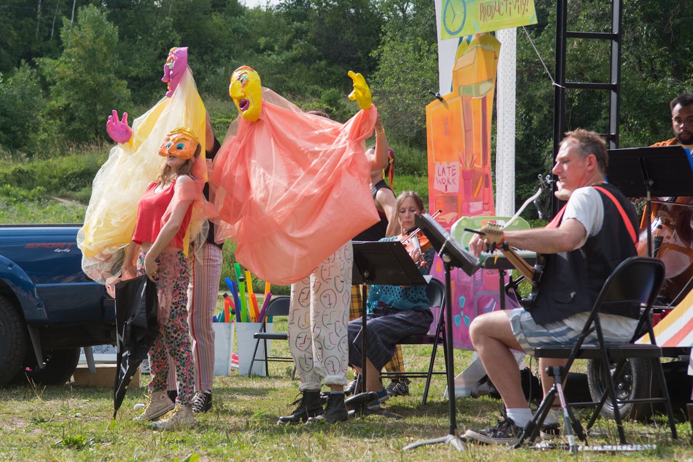 "The Magic Flute Band" with Puppets - Right to Left, Jacob Milller, Joni Griffith, Jennifer LeDoux, Ginna Watson, Gary Ruschman, Uchenna Chidozie, puppets designed by Lizz Windnagel