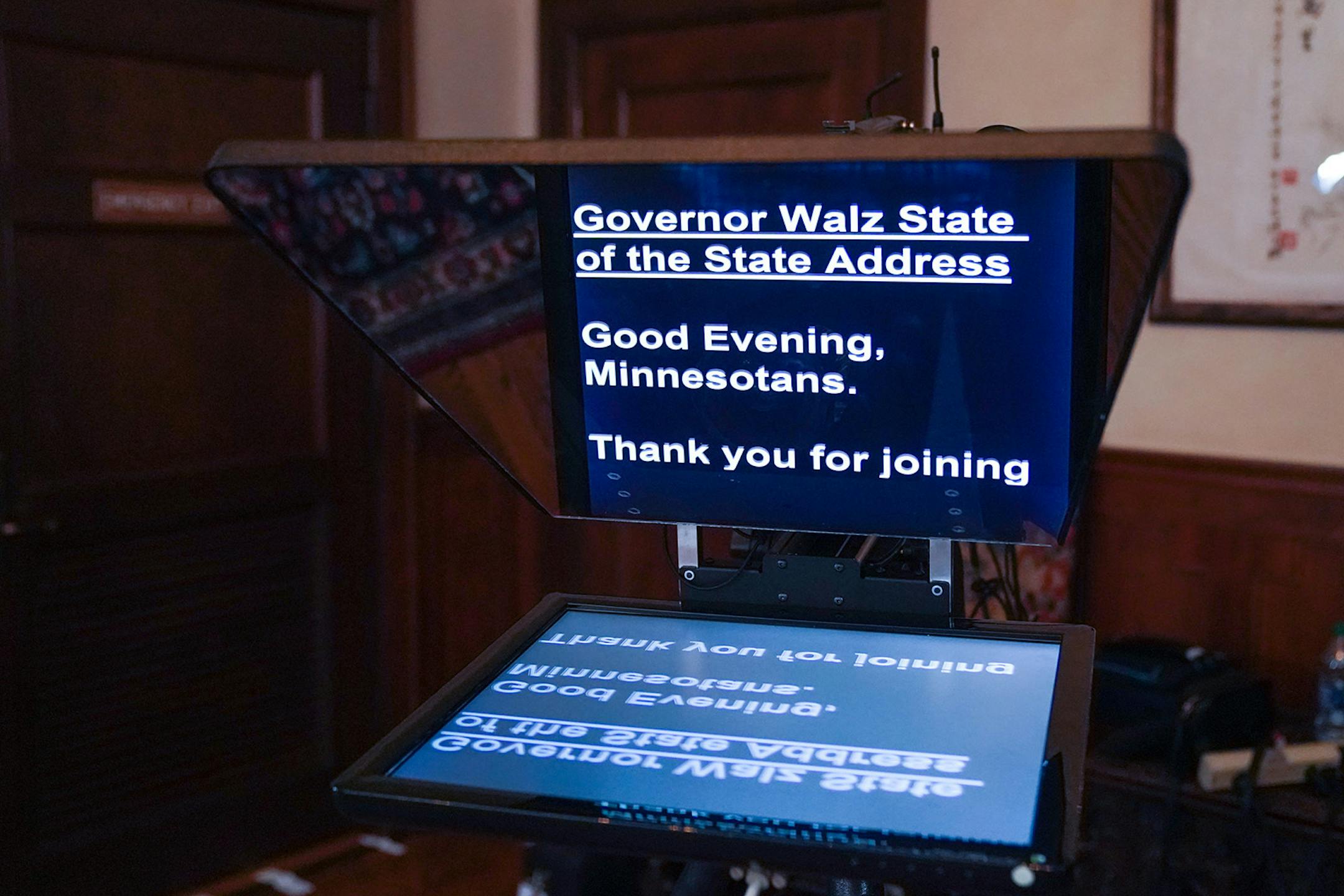 Minnesota Gov. Tim Walz prepared to deliver his State of the State address over YouTube from his residence.