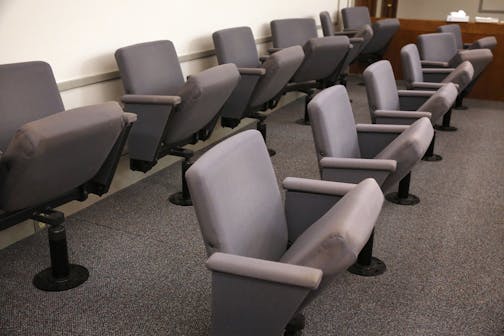 The chairs for the jury inside the empty courtroom that will be the home of the trial of Brian Fitch at the Stearns County Court Facility in St. Cloud, Minn. on Monday, January 12, 2015.