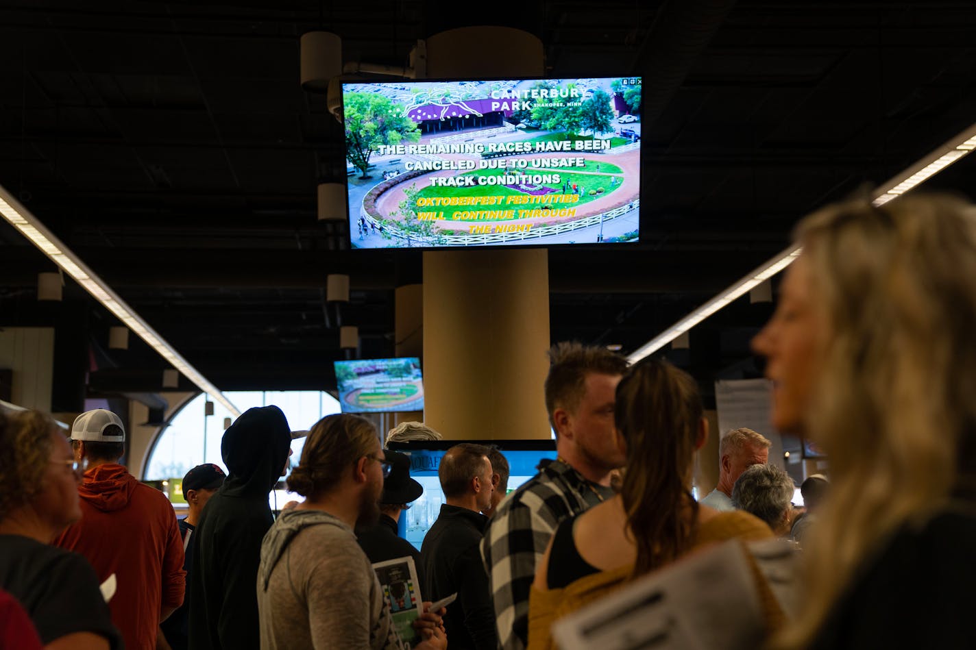 An announcement that all remaining races had been cancelled because unsafe track conditions was displayed on screens during the final day of the racing season at Canterbury Park in Shakopee.