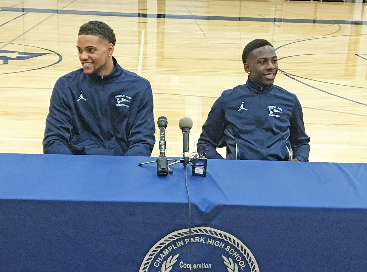 Theo John, left, and McKinley Wright, Champlin Park basketball teammates.