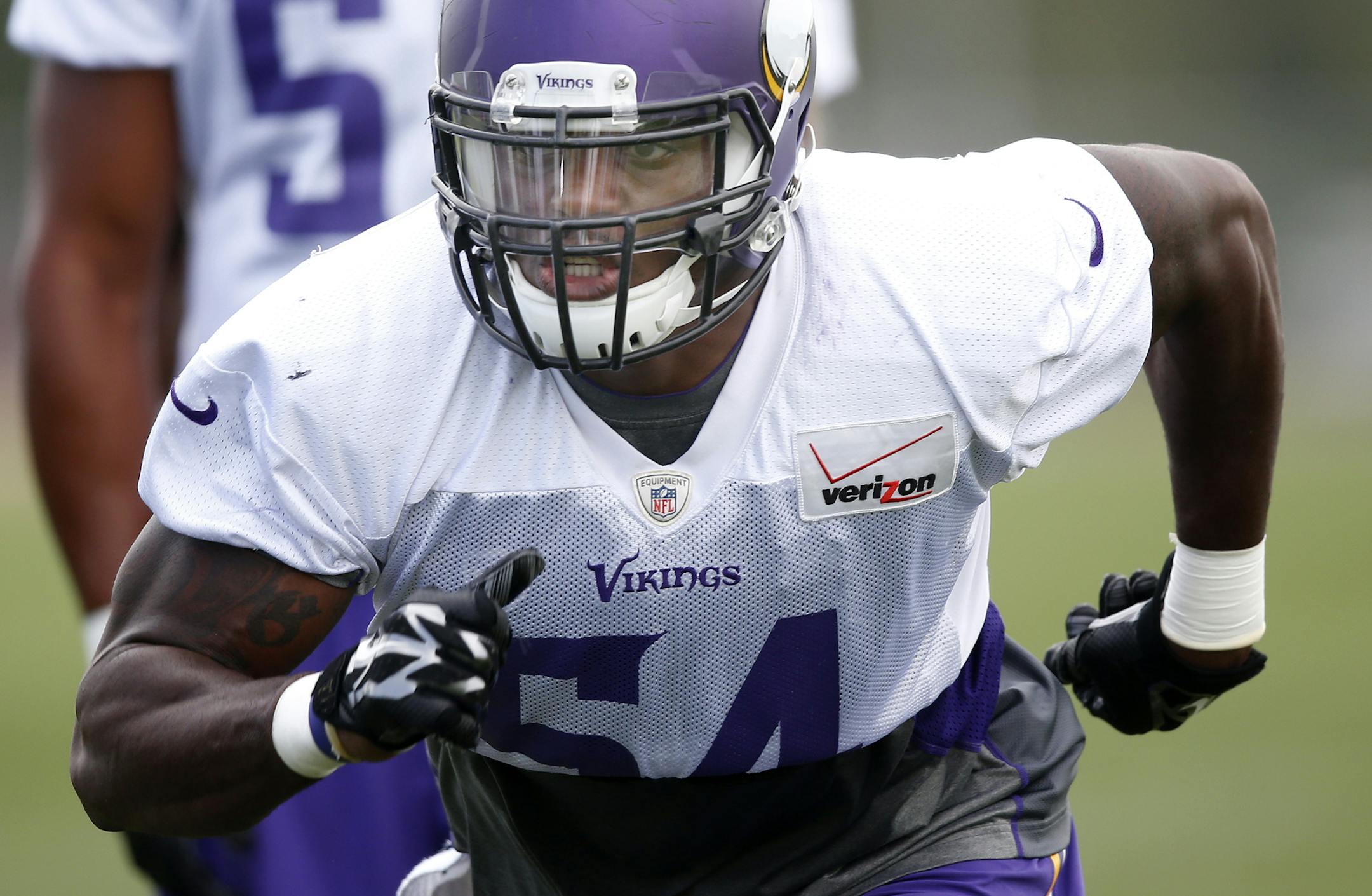 Minnesota Vikings linebacker Jasper Brinkley (54) during practice on Thursday. ] CARLOS GONZALEZ cgonzalez@startribune.com - August 14, 2014 , Mankato, Minn., Minnesota State University, Mankato, Minnesota Vikings Training Camp, NFL,