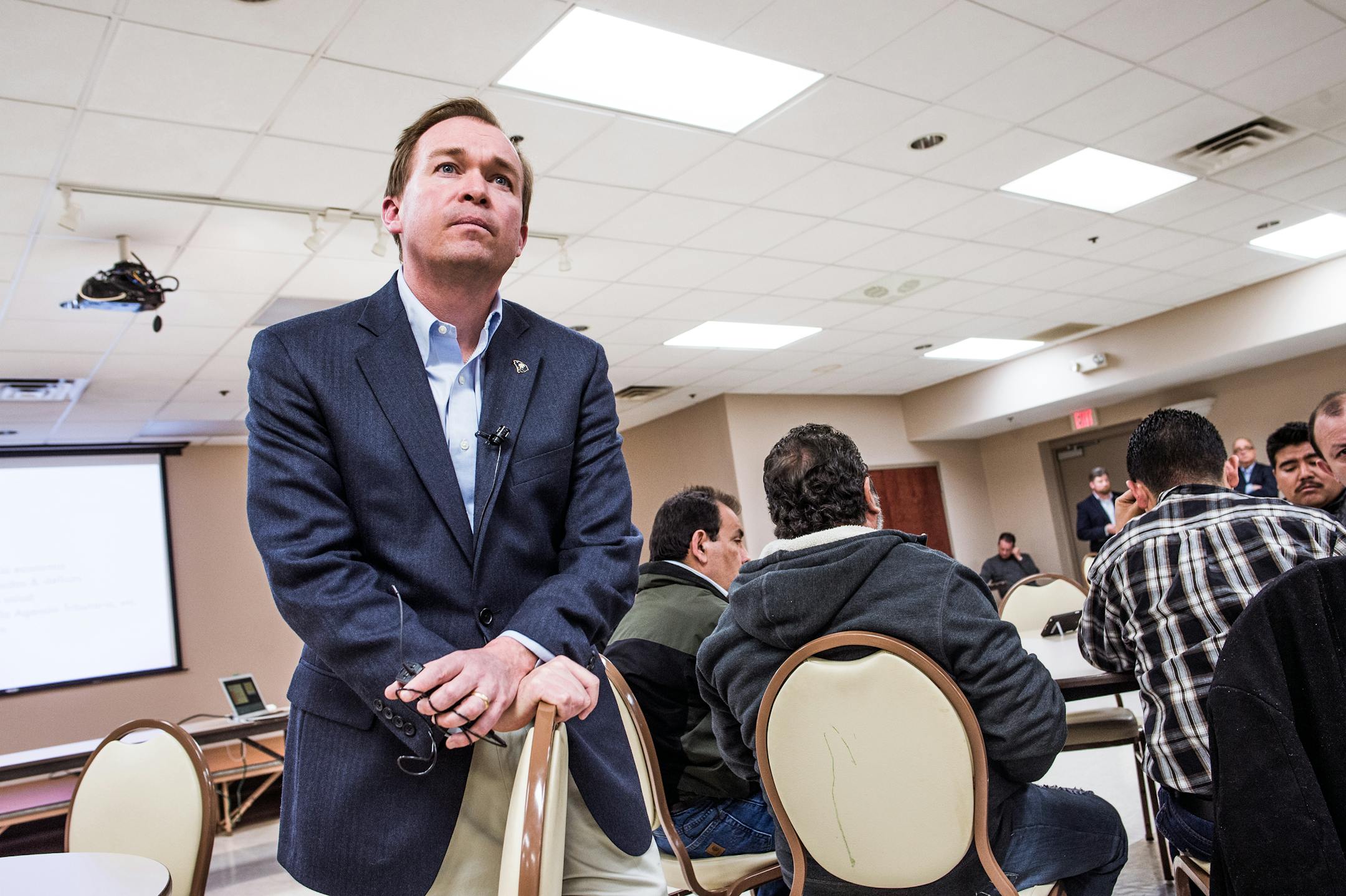 Rep Mick Mulvaney (R-S.C.) listens to constituents at a Baptist church in Gaffney, S.C., Feb. 18, 2014. Mulvaney, a fierce advocate of deep spending cuts and threats to shut down the federal government during the Obama presidency, is Donald Trump's choice to serve as his budget director, according to reports on Dec. 16, 2016.
