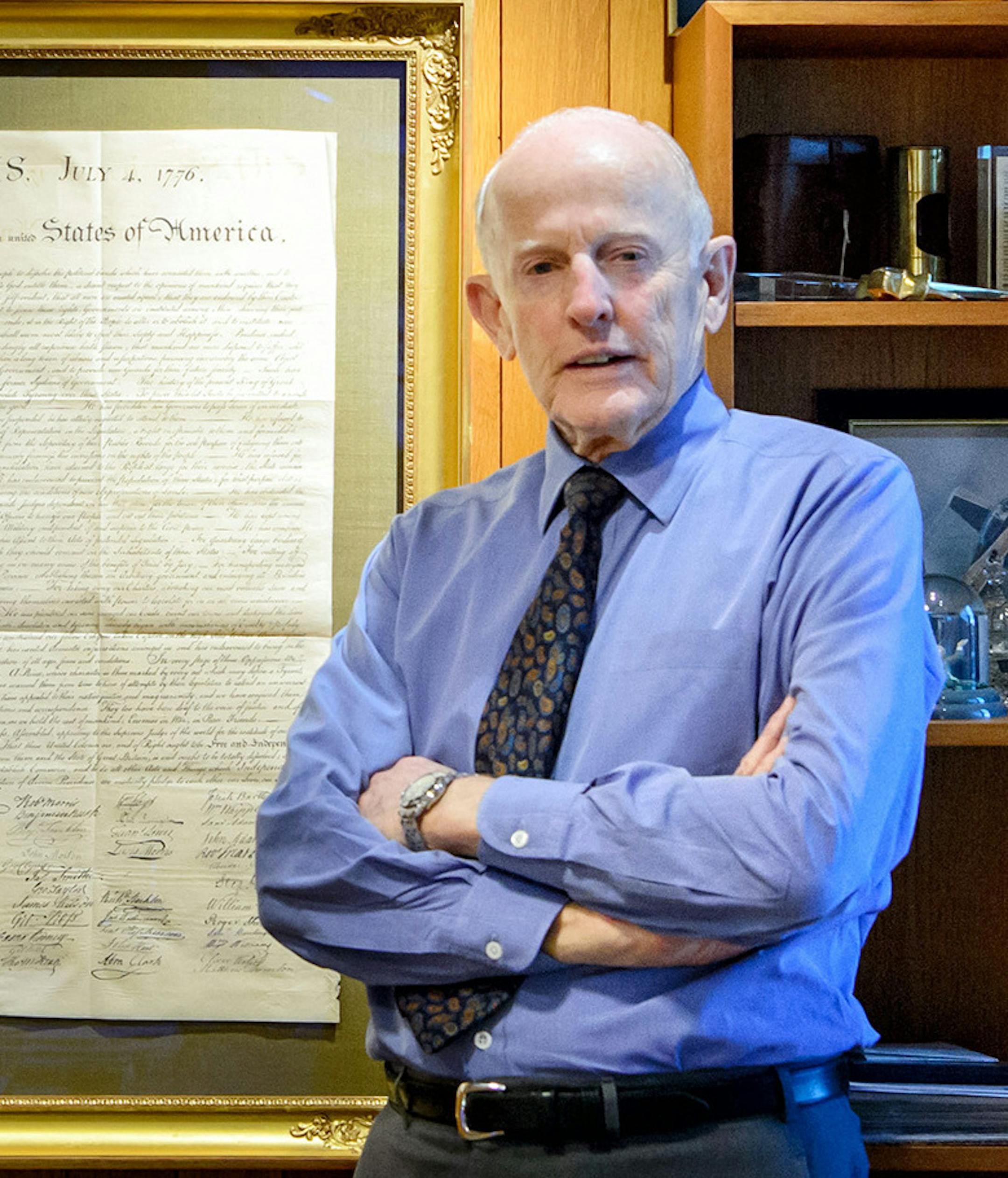 Stanley Hubbard is proud of his 1840 exact copy of the Declaration of independence that hangs in his office next to it on the left, a thank you letter from Ronald Reagan. ] GLEN STUBBE * gstubbe@startribune.com Wednesday, November 11, 2015 interview with Stanley Hubbard, CEO of Hubbard Broadcasting, about his long history of being a major political donor both in Minnesota and nationally. ORG XMIT: MIN1511111717270009