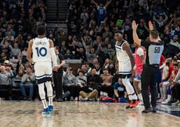 Minnesota Timberwolves guard Anthony Edwards (1) reacts to scoring on a three-point shot in the first half. The Minnesota Timberwolves hosted the Wash