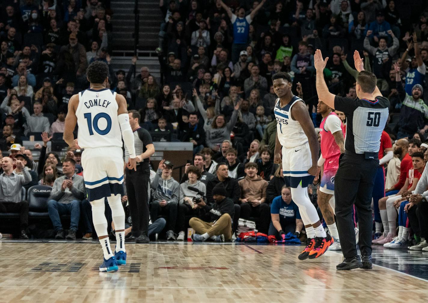 Minnesota Timberwolves guard Anthony Edwards (1) reacts to scoring on a three-point shot in the first half. The Minnesota Timberwolves hosted the Washington Wizards at Target Center in Minneapolis, Minn., on Thursday, Feb. 16, 2023. ] RENEE JONES SCHNEIDER • renee.jones@startribune.com