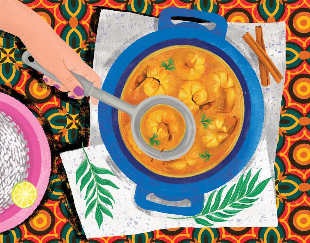 “On the Curry Trail” is filled with colorful illustrations. Here, Prawn Curry with Darkened Cinnamon.