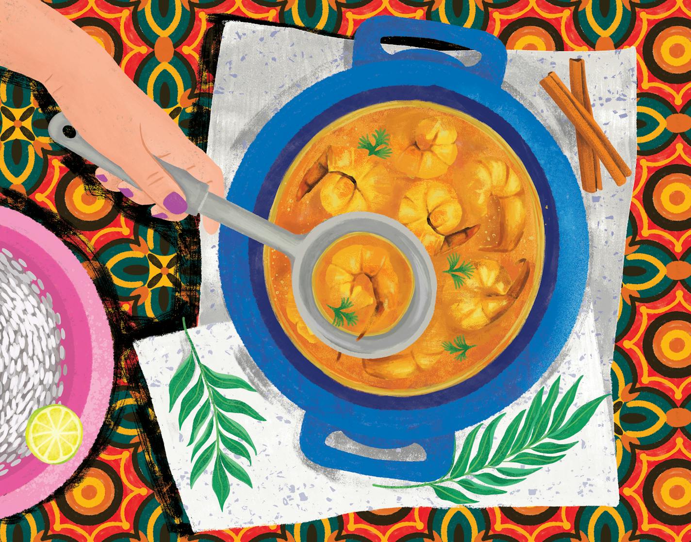 "On the Curry Trail" is filled with colorful illustrations. Here, Prawn Curry with Darkened Cinnamon.