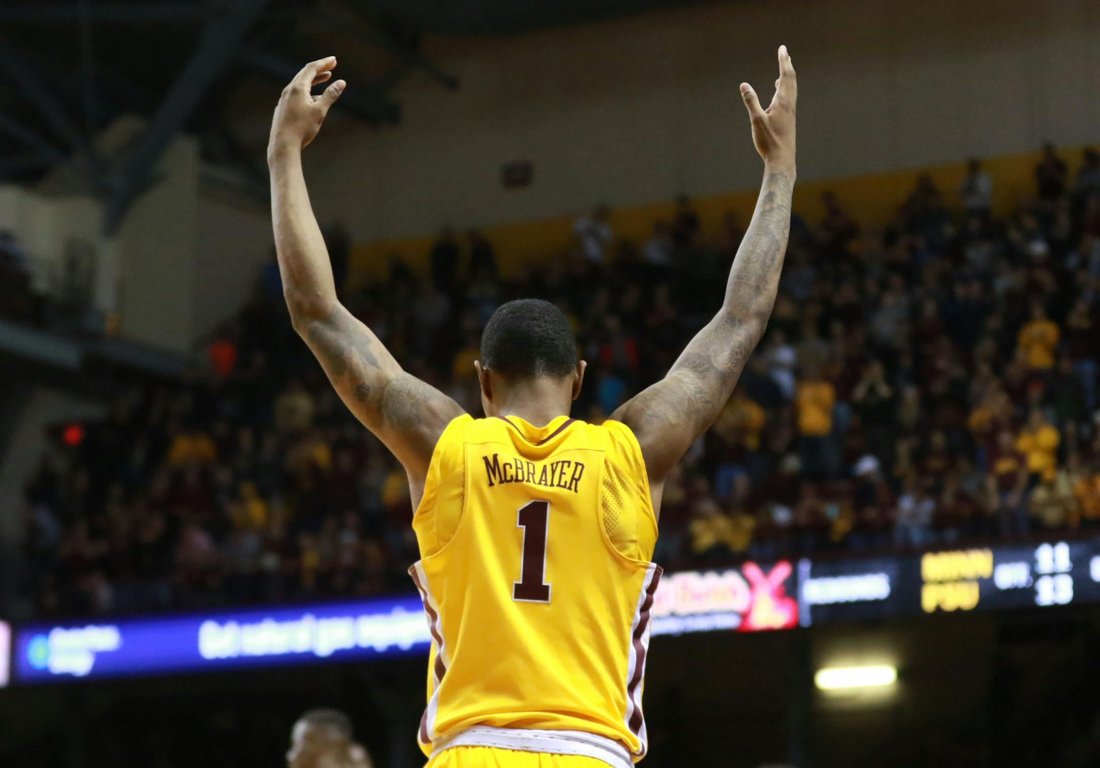 The University of Minnesota's Dupree McBrayer (1) signals for the crowd to get on their feet at the end of the Gopher's 81-71 win over Penn State Saturday, Feb. 25, 2017, at Williams Arena in Minneapolis, MN.
