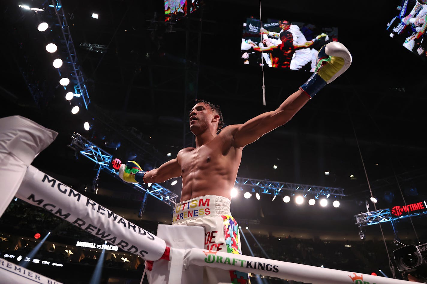 David Morrell, Jr. celebrates after defeating Yamaguchi Falcao, not pictured, by knockout in the first round during their super middleweight world championship bout at T-Mobile Arena on April 22, 2023, in Las Vegas. (Al Bello/Getty Images/TNS) ORG XMIT: 97518419W