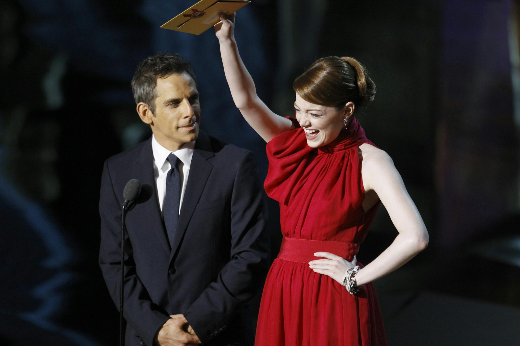 Ben Stiller and Emma Stone present the award for Visual Effects at the 84th Annual Academy Awards show at the Hollywood and Highland Center in Los Angeles, California, on Sunday, February 26, 2012.