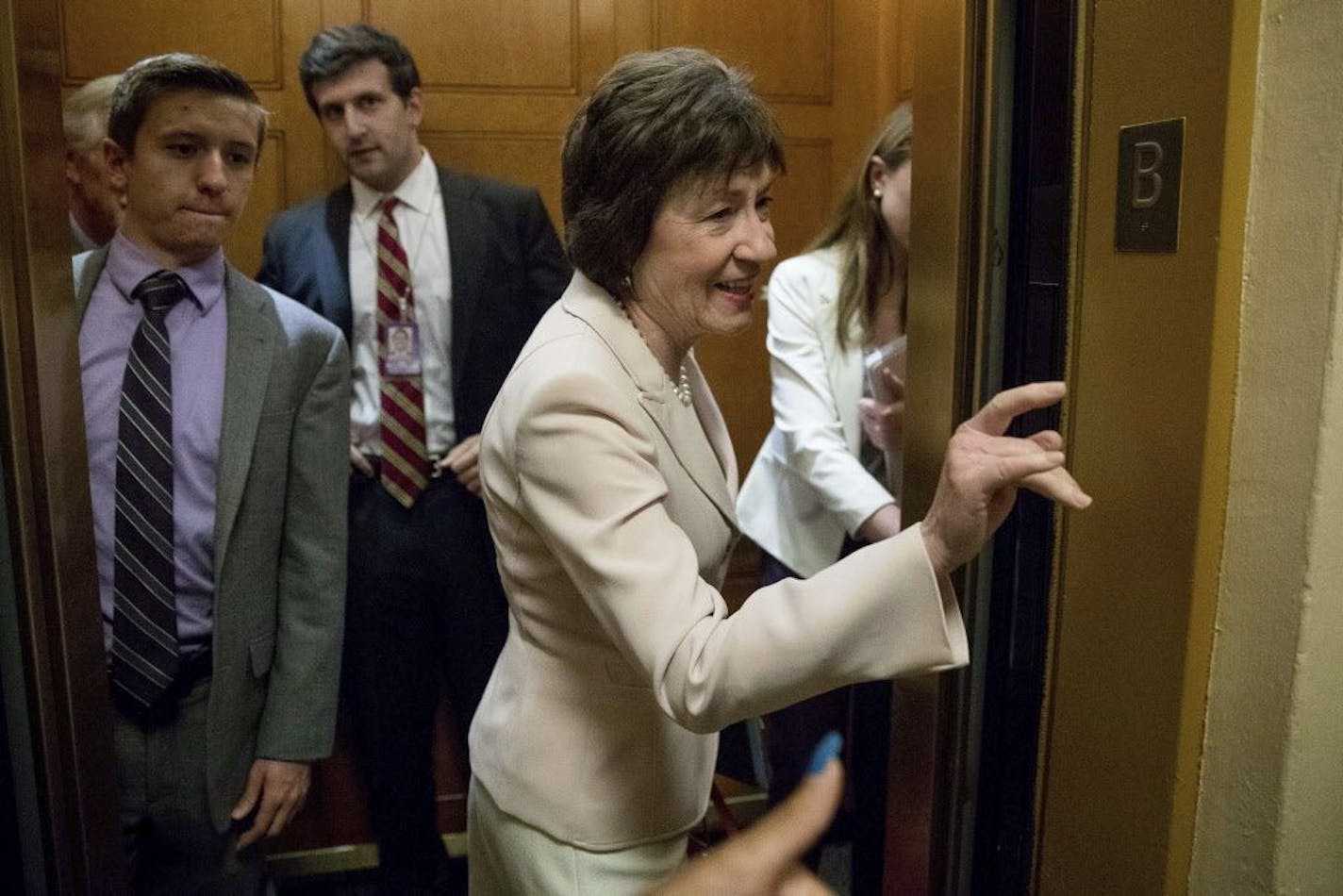 Sen. Susan Collins, R-Maine, gets in an elevator as she arrives on Capitol Hill in Washington, Tuesday.