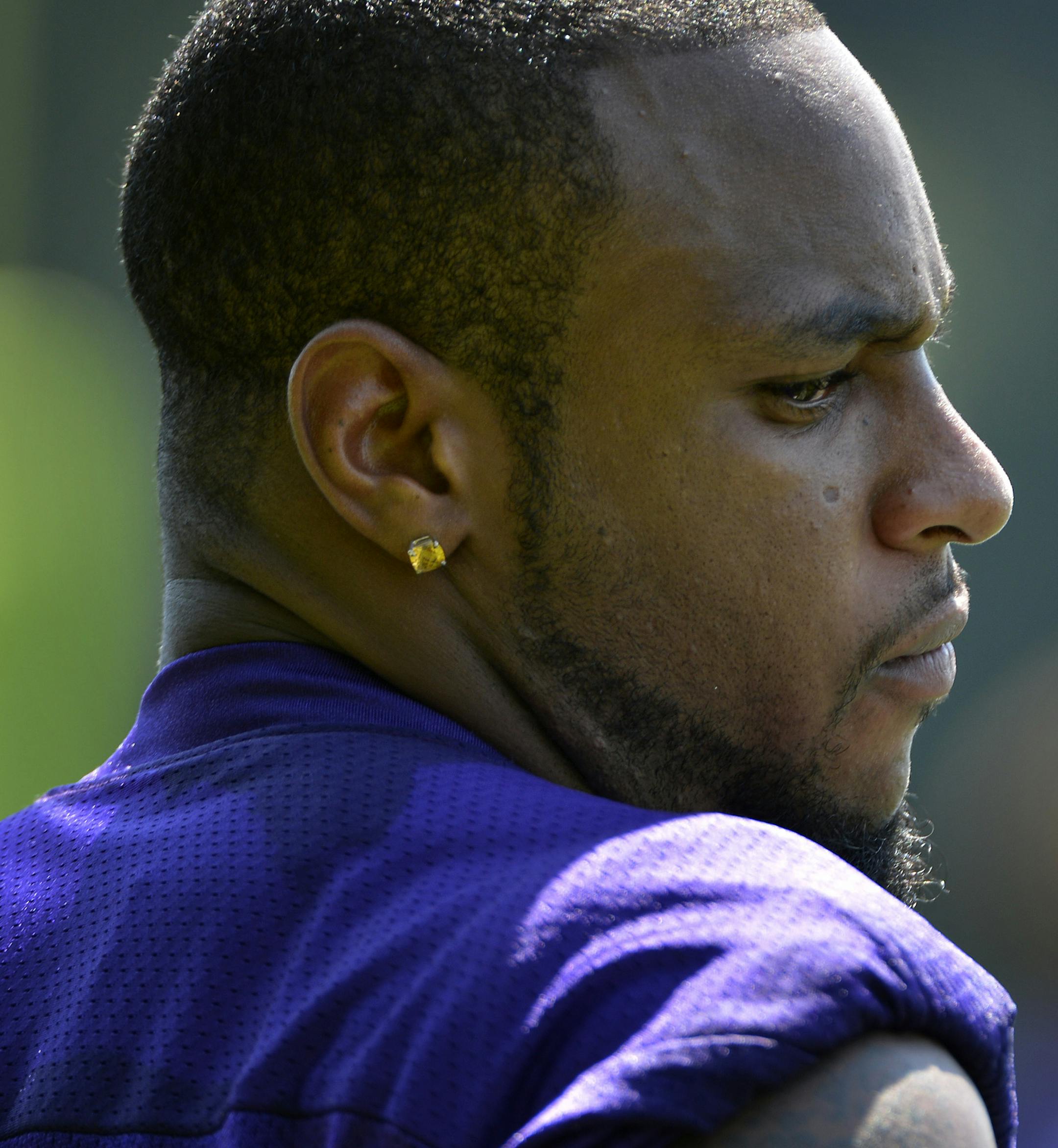 All players were present and accounted for at Vikings minicamp this morning, but there was at least one unhappy camper. Percy Harvin, the Vikings Pro Bowl receiver and kick returner, made it pretty clear that he is unhappy with his contract. Without directly saying so, he said "issues" are involved and unless they are resolved he won't report to the team's training camp in Mankato in late July. ] BRIAN PETERSON ï brianp@startribune.com Eden Prairie, MN - 06/19/2012 ORG XMIT: MIN201209071728
