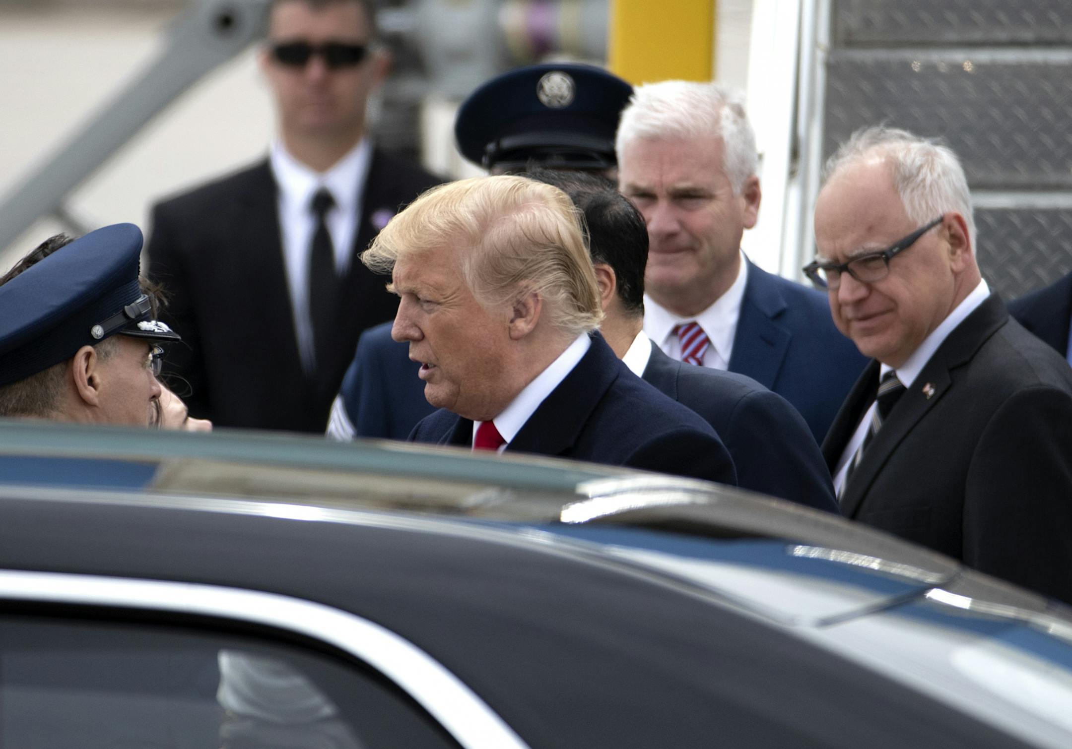 President Donald Trump landed at the Minneapolis St. Paul International Airport at 12:45 Central time Monday, headed to an afternoon visit at a Burnsville truck and equipment company for a roundtable discussion on tax cuts and the U.S. economy.