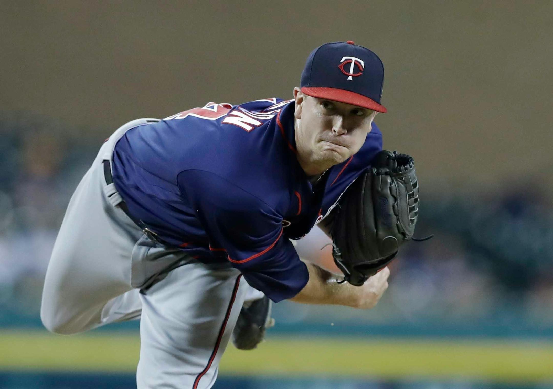 Minnesota Twins starting pitcher Kyle Gibson throws during the sixth inning of a baseball game against the Detroit Tigers, Friday, Sept. 22, 2017, in Detroit. (AP Photo/Carlos Osorio)