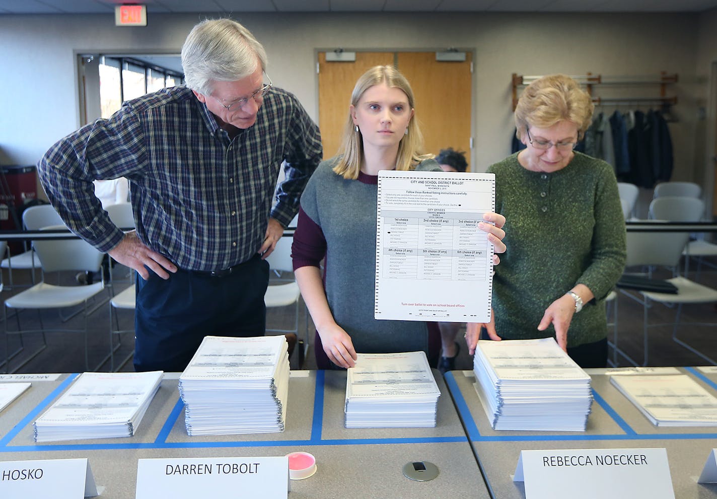 Rick Winters, left, Amanda Murr, center, and Romayne Houle, cq, right, sorted and counted ballots for the St. Paul City Council Second Ward race, Monday, November 9, 2015 in St. Paul, MN. ] (ELIZABETH FLORES/STAR TRIBUNE) ELIZABETH FLORES &#x2022; eflores@startribune.com