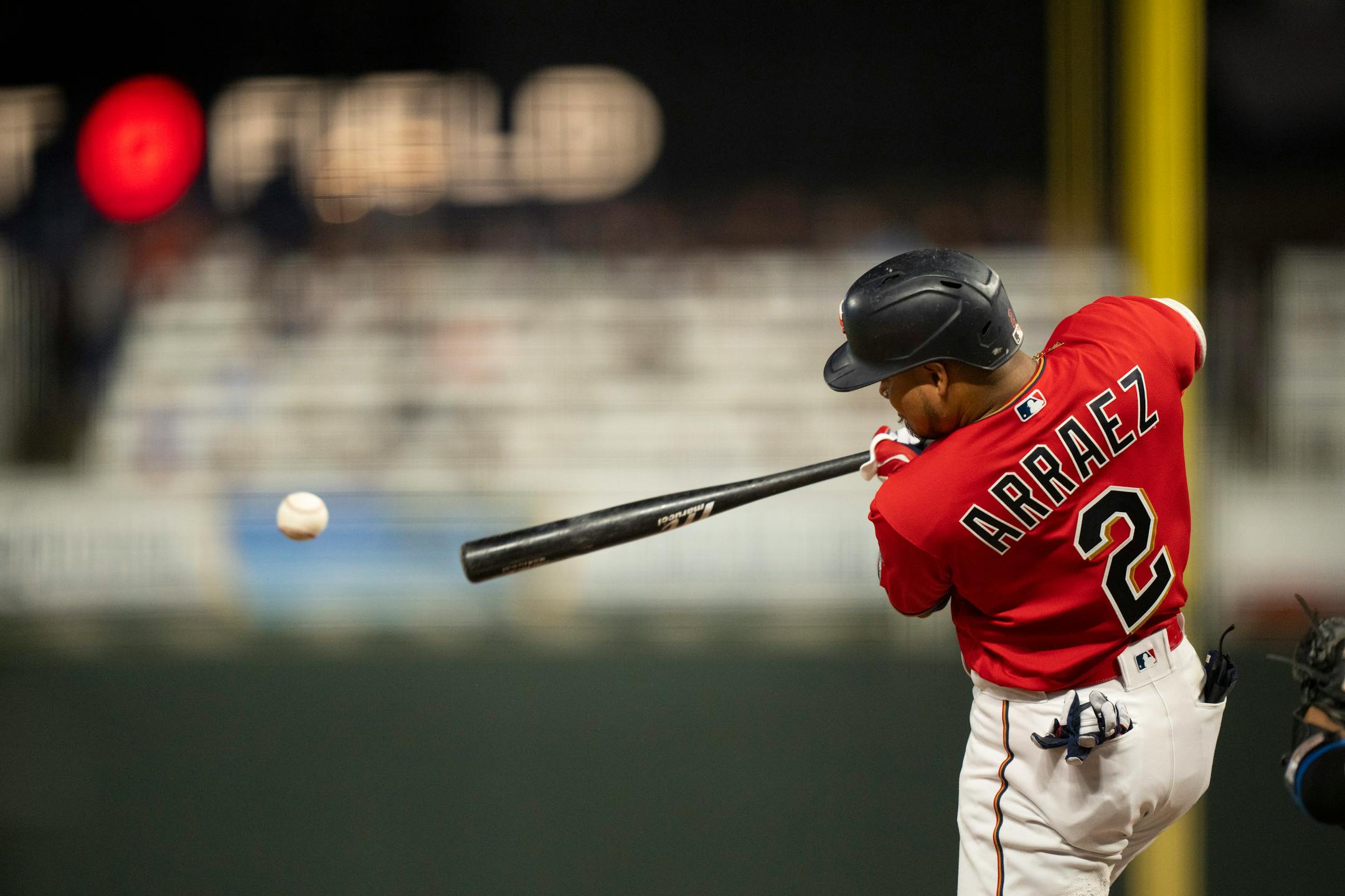 Minnesota Twins designated hitter Luis Arraez (2) singled to right in the fifth inning.