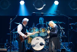 Don Henley, left, and Joe Walsh, right, of the Eagles perform at the Wells Fargo Center in Philadelphia on March 28, 2022. (Yong Kim/The Philadelphia 