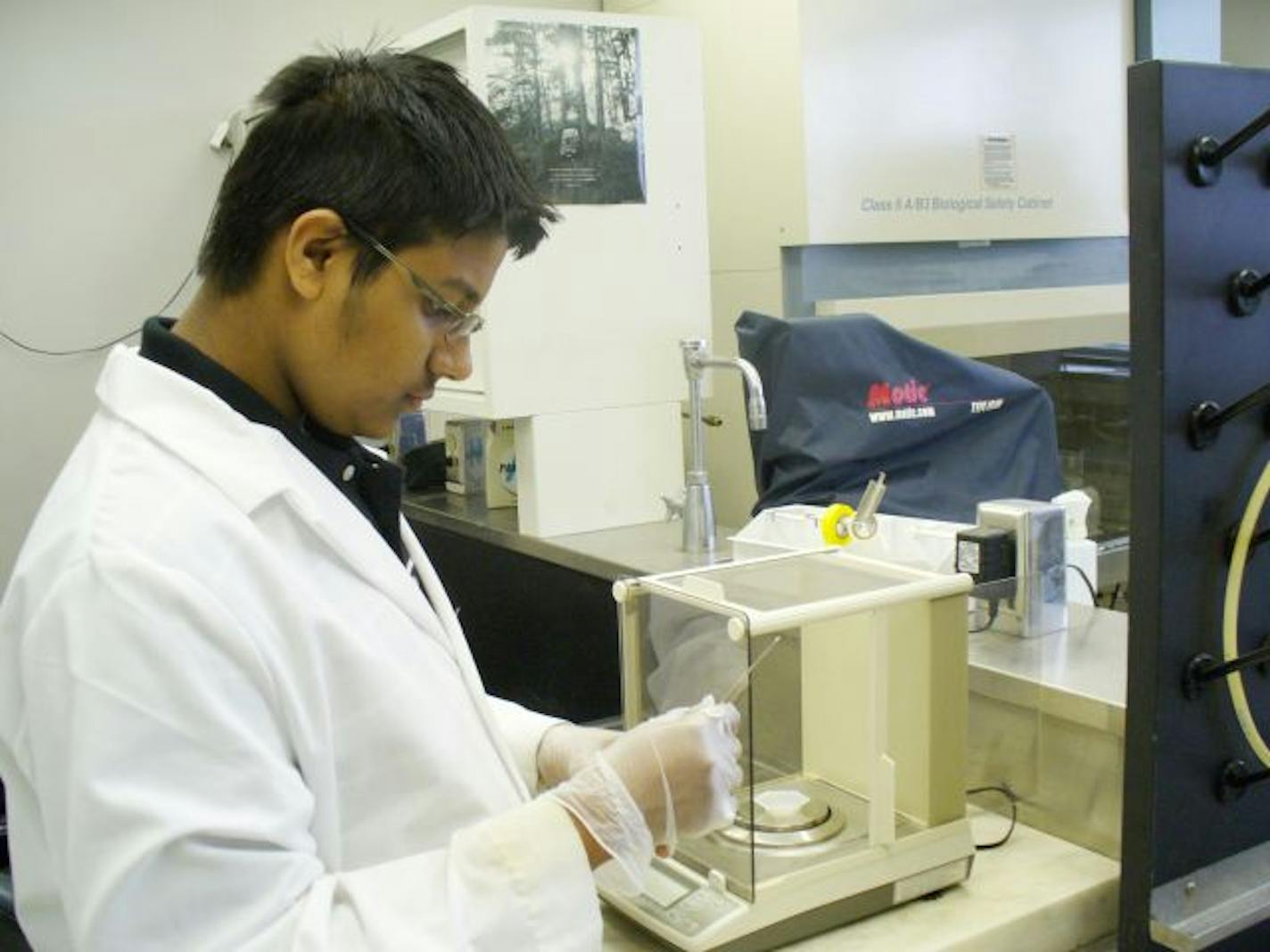 Prithwis Mukhopadhyay measures the weight of a substrate while studying malignant and nonmalignant mammary cells at University of Illinois.