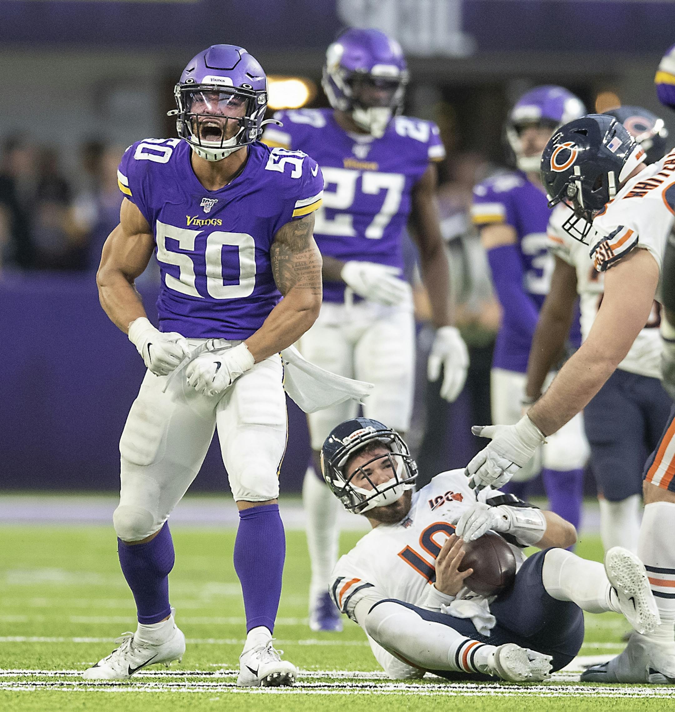 Minnesota Vikings linebacker Eric Wilson celebrated after sacking Chicago Bears quarterback Mitchell Trubisky in the fourth quarter.