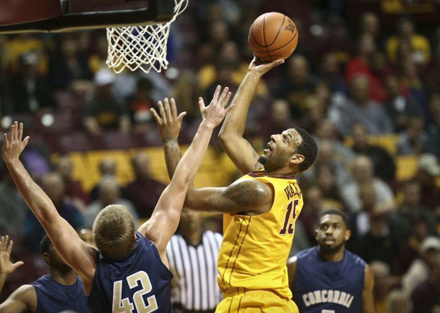 Minnesota's Maurice Walker went for a shot during the first half of a game between the Minnesota Gophers and the Concordia, St. Paul Golden Bears on Monday, November 3, 2013 at Williams Arena in Minneapolis, Minn.