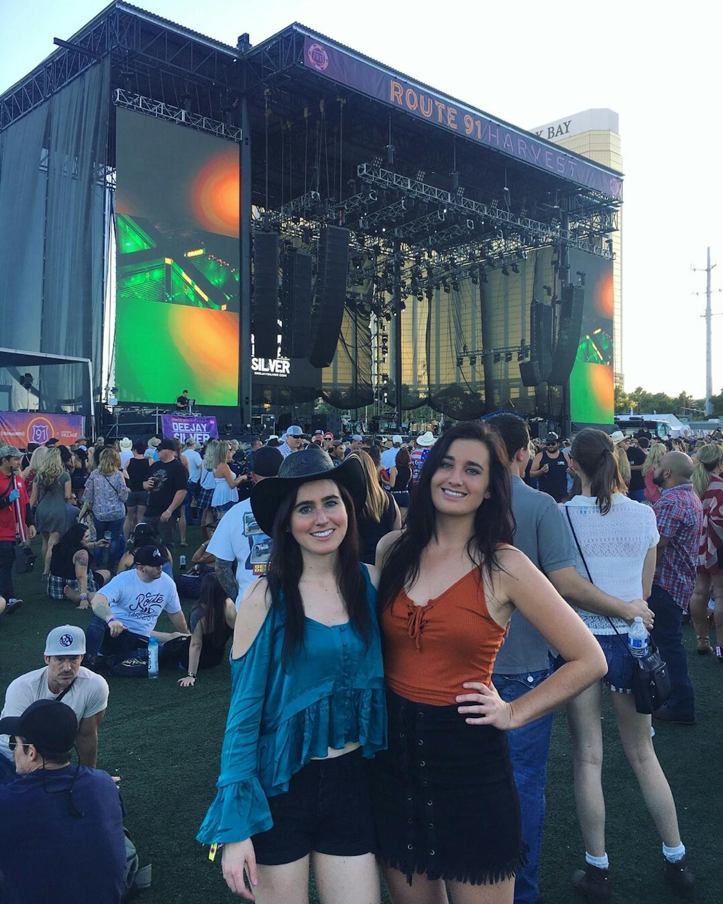 Shelby Henderson, at right, with her sister Sherilyn, who was celebrating her 26th birthday in Las Vegas when the shooting at a Jason Aldean concert started. Both women are safe, although they got separated while fleeing the scene.